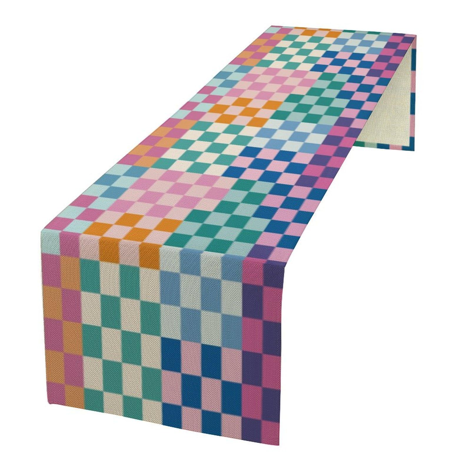 Retro Multicolored Checkered Table Runner Colorful Bright Rainbow Modern Simple Groovy Aesthetic Dinner Runner for Farmhouse Country Home Kitchen Dining Table Party 13x120in