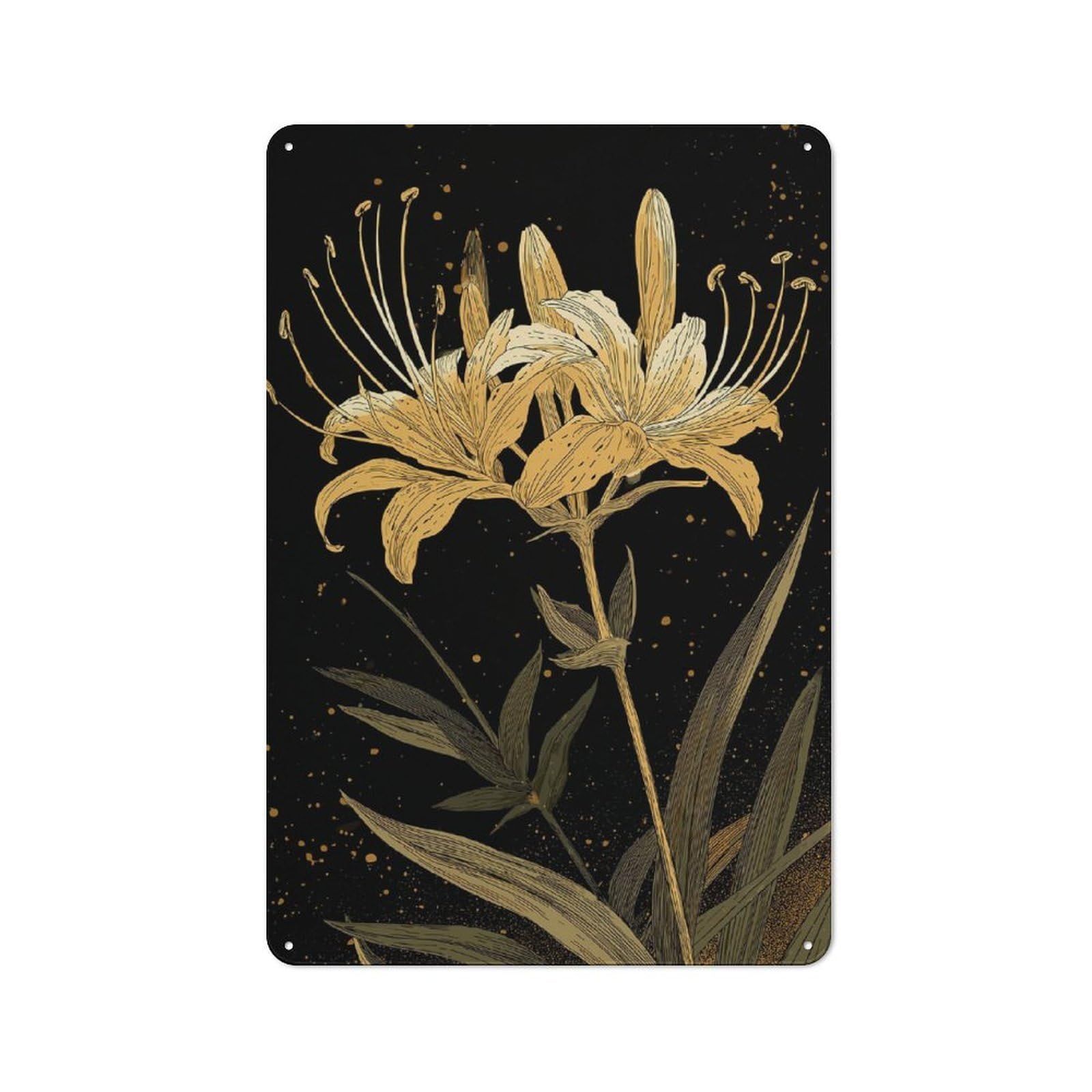 Junmoney Golden Lily On Black Background Vintage Tin Sign 30X20cm With For Workshop Wall, For Makers And Diy Enthusiasts, For Retro Home Interiors