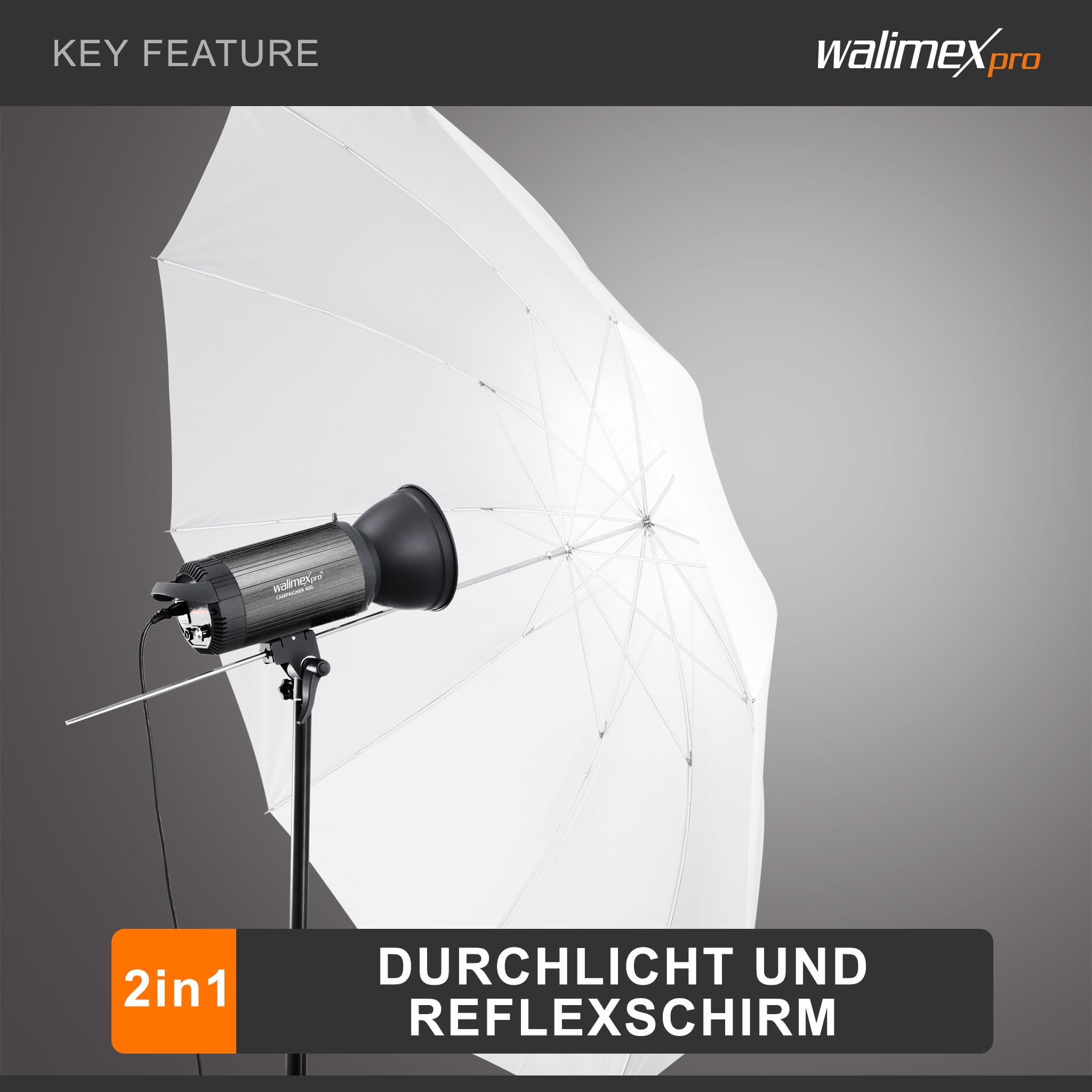 Walimex pro 2in1 Reflex- und Durchlichtschirm weiß Ø 150 cm für weiches Licht, Studioschirm mit Abnehmbarer äußerer Reflexschicht (silberfarben, schwarz) und innerer Durchlichtschicht (weiß)