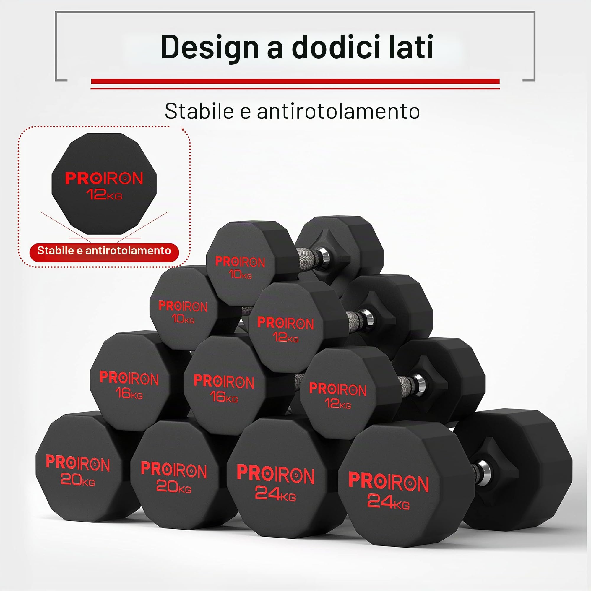 PROIRON Manubri Gommati da 3 a 24 kg -Pesi Palestra in Acciaio Anti collisione per Body Building, Pesistica Fitness, Allenamento (Paio o Singolo)