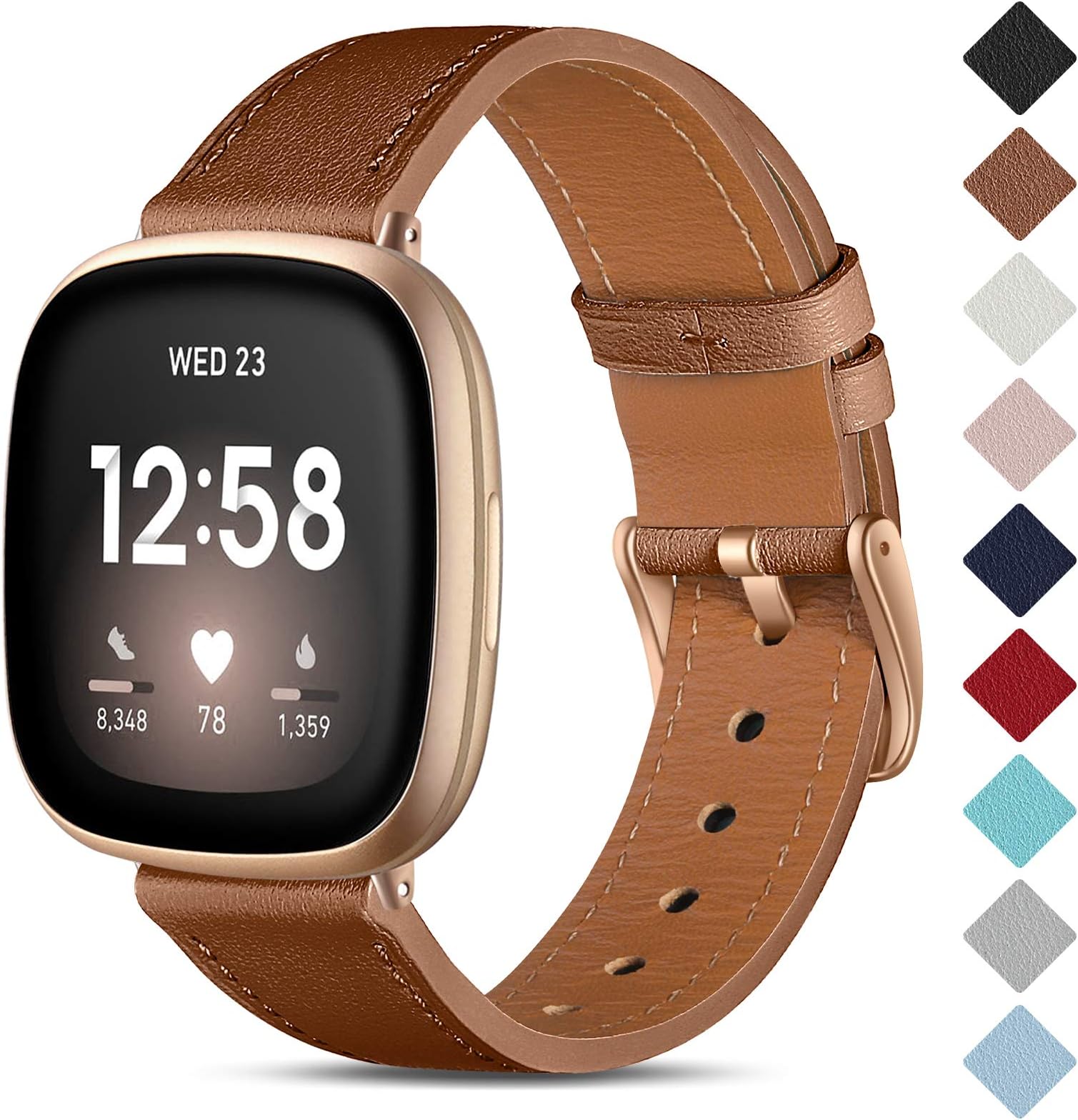 CeMiKa Leather Strap Compatible with Fitbit Sense/Fitbit Versa 3 Strap, Genuine Leather Straps Replacement Wristband Compatible with Fitbit Versa 3/Fitbit Sense/Fitbit Versa 4 Strap for Women Men