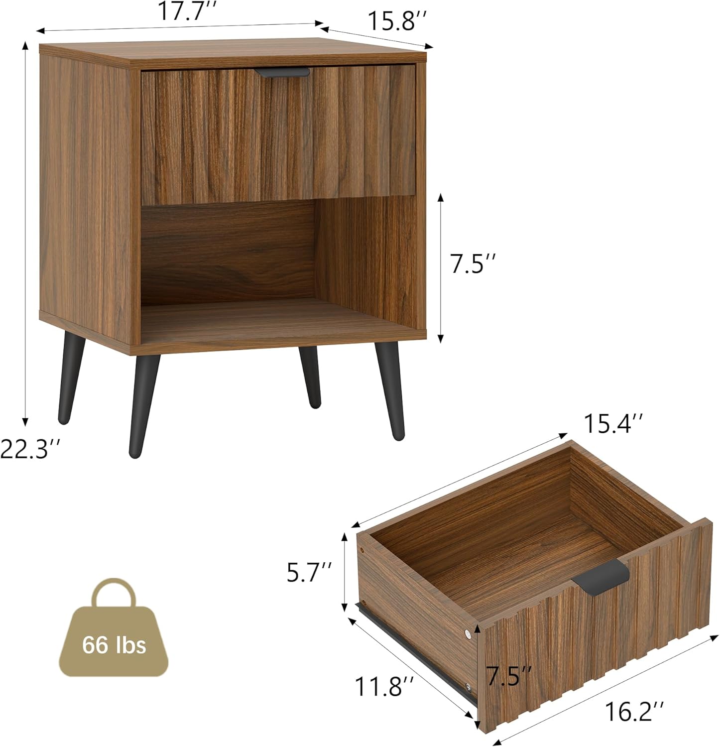 Fluted Nightstand Set of 2, Wood Nightstand with Open Storage and Drawer, Mid Century Fluted Side Table Modern Bedside Stand with Wood Veneer for Bedroom, Office, Brown