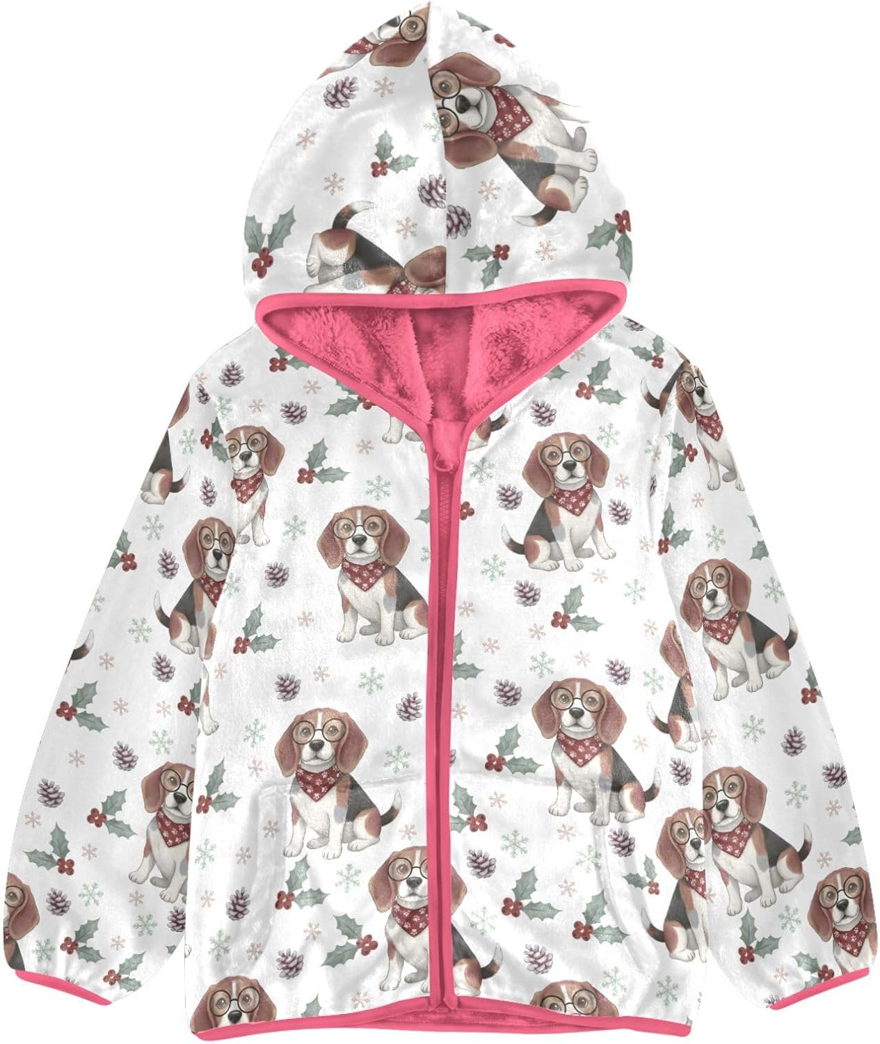 Girls Hoodie Outfit King Charles Dog Snowflakes Red Berries Pattern Sweatshirt Coat Fleece Jacket for Kids 3-10T