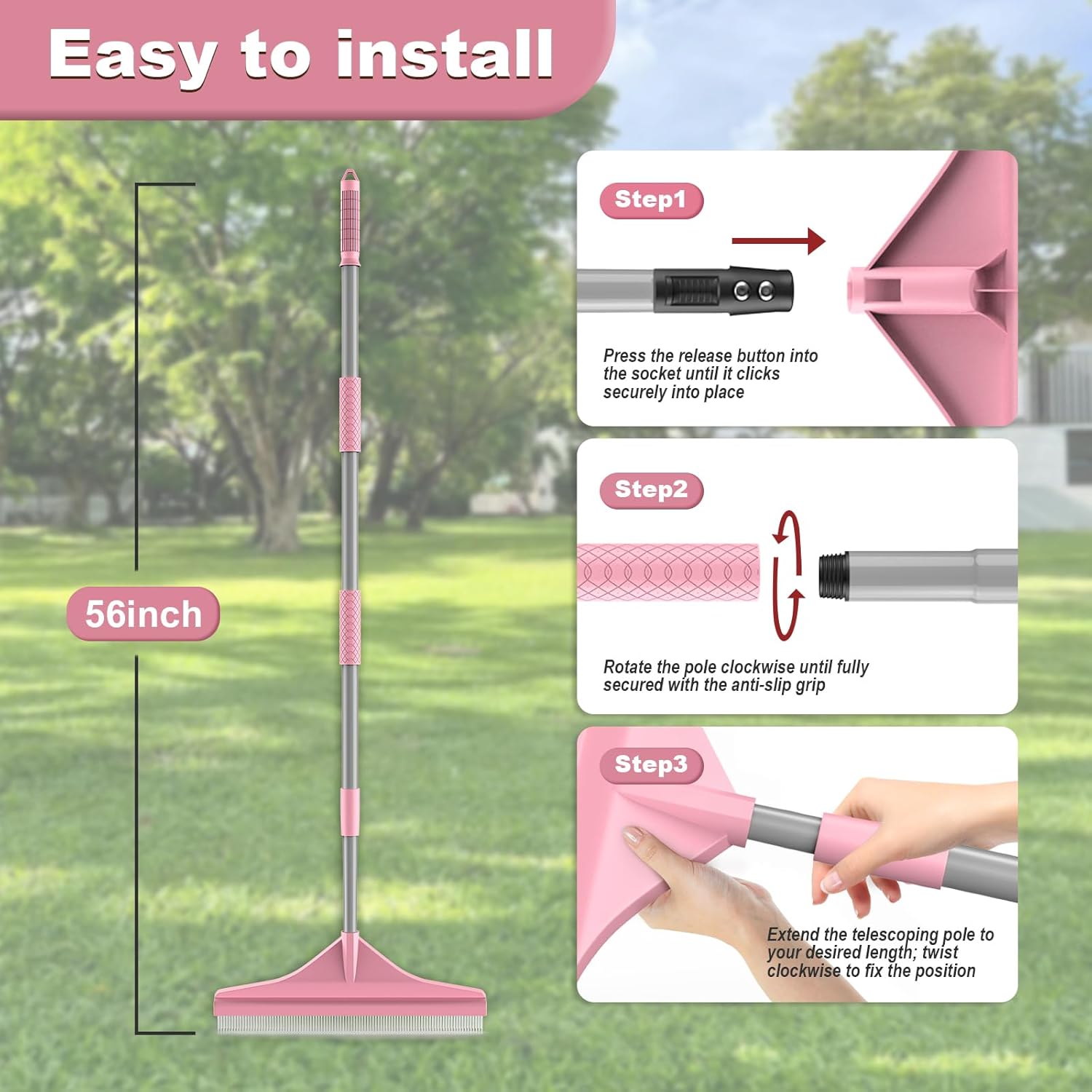 Artificial Turf Rake with Steel Telescopic Handle, 32 to 55 Inch 3 Piece-Pole Easy Storage Design, Garden Hand Boom Rake for Artificial Grass, Carpet Pet Hair, Lawn Leaves and Debris Remove, Pink