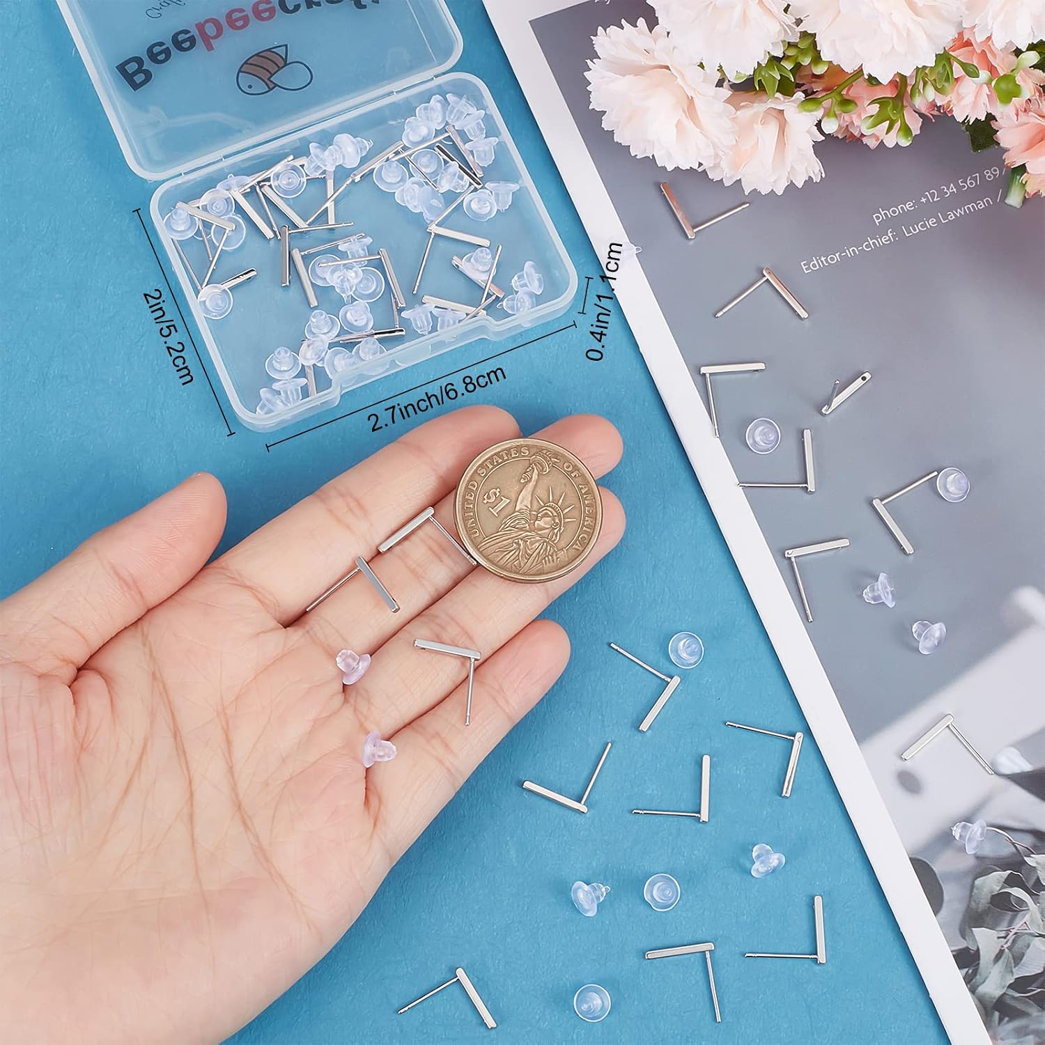 Beebeecraft 40Pcs Stud Earring with Loop Platinum Plated Rectangle Earring Posts Bar Earring Findings with Ear Nut for DIY Earrings Jewellery Making