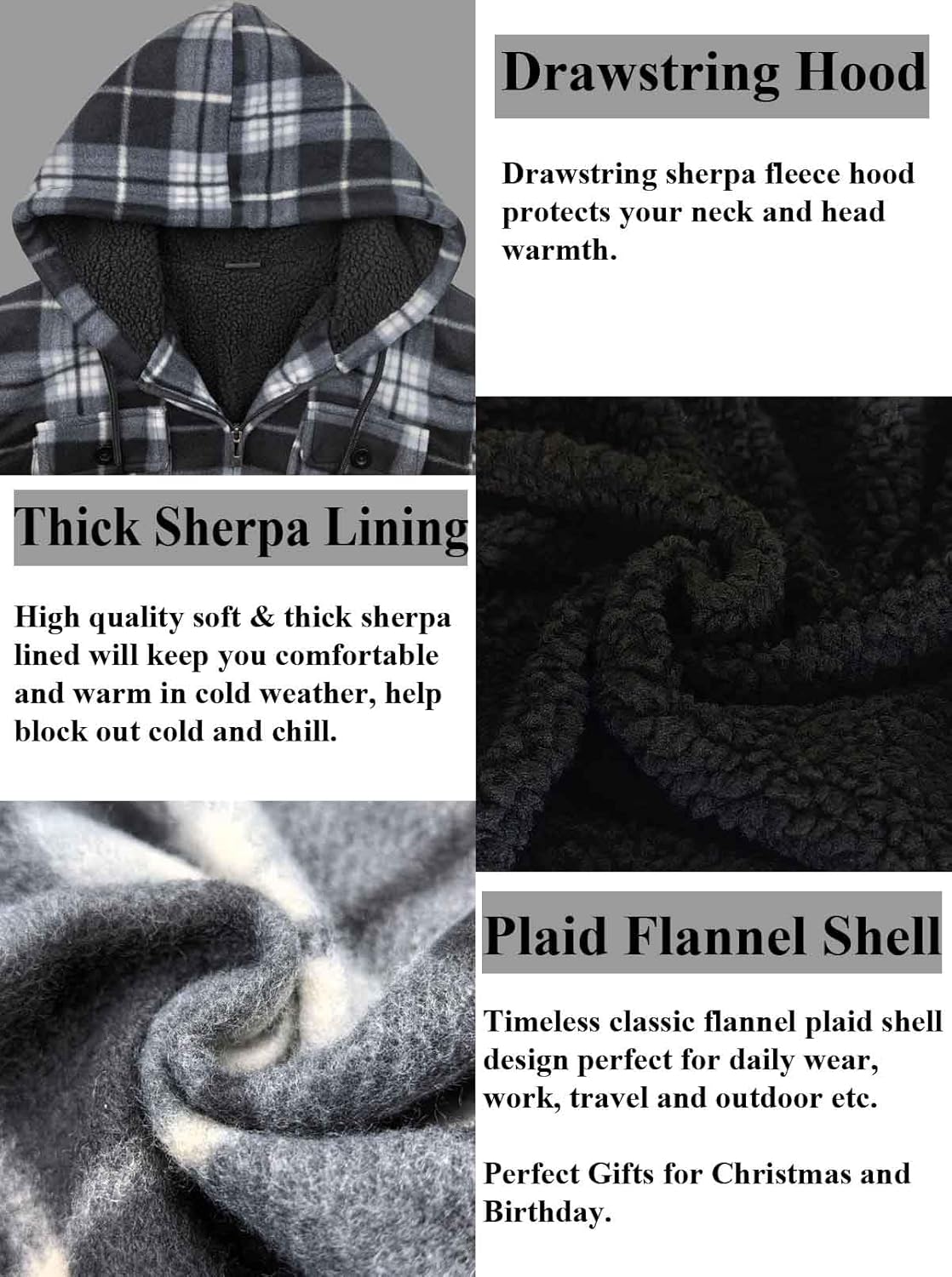 Heavyweight Hoodies for Men Zip Up Sweatshirts Plaid Flannel Sherpa Fleece Lined Winter Jacket Warm Coat - Image 4