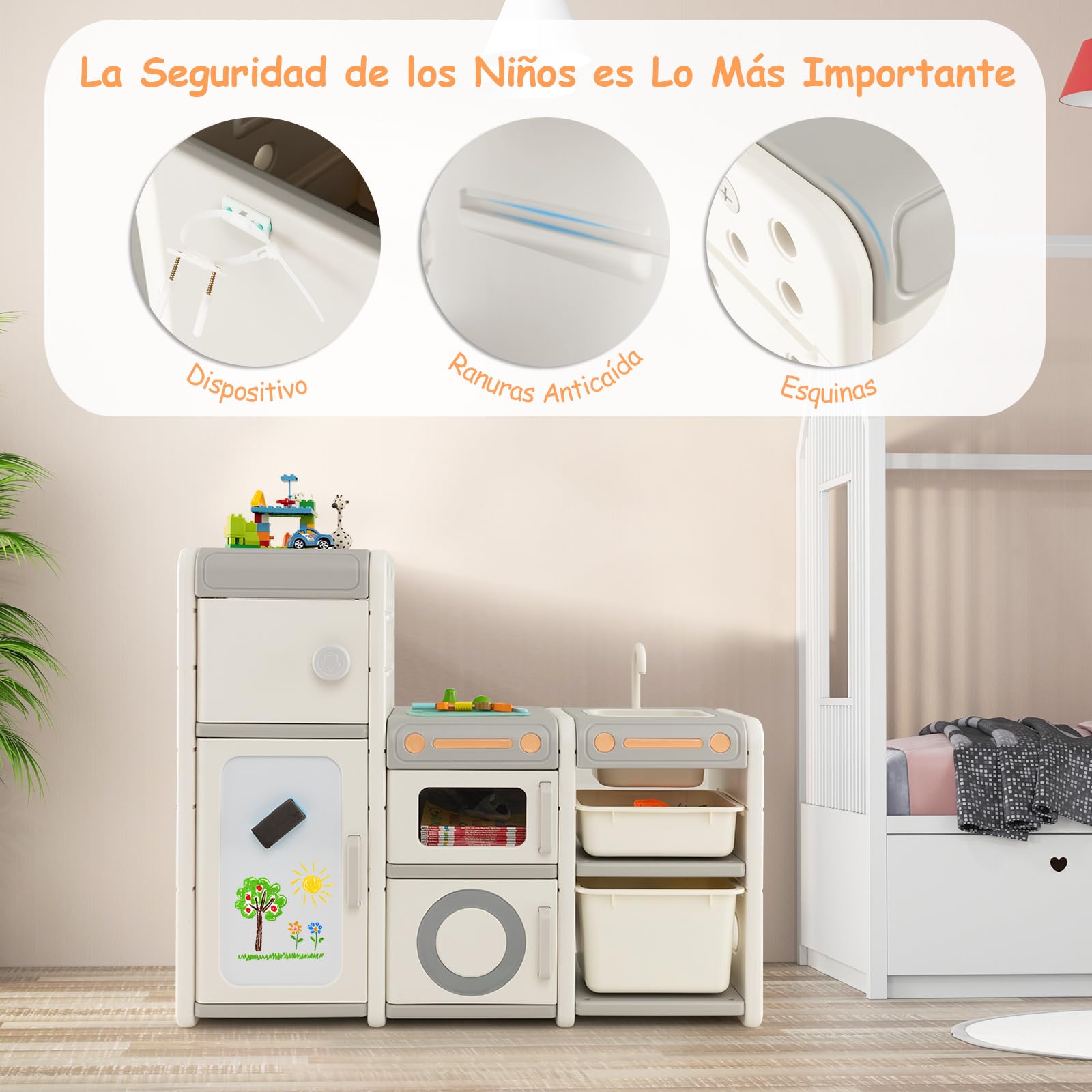 COSTWAY Organizador de Juguetes para Niños, Estantería Infantil para Juguetes con Pizarra Magnética, Fregadero, Grifo Desmontables, Baúl de Juguetes con Armarios Cerrados/Contenedores/Marcadores