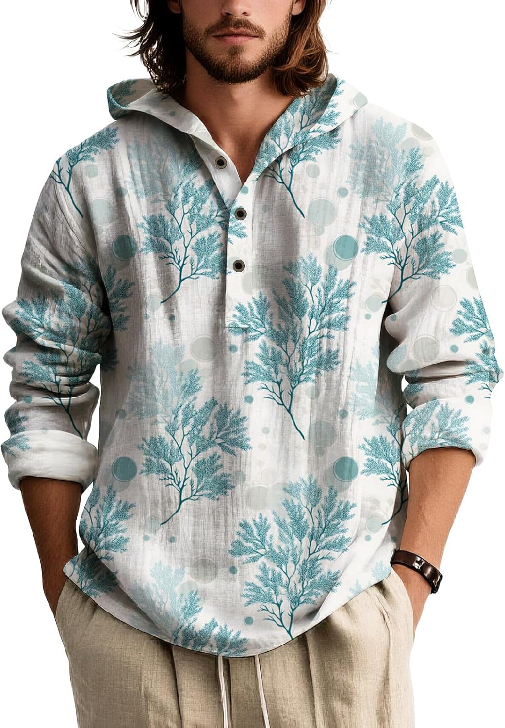 Zhyaj Mens Long Sleeve Hooded Shirt Botanical Print Lightweight Casual Pullover Button Neck Roll Up Sleeves Beach Wear