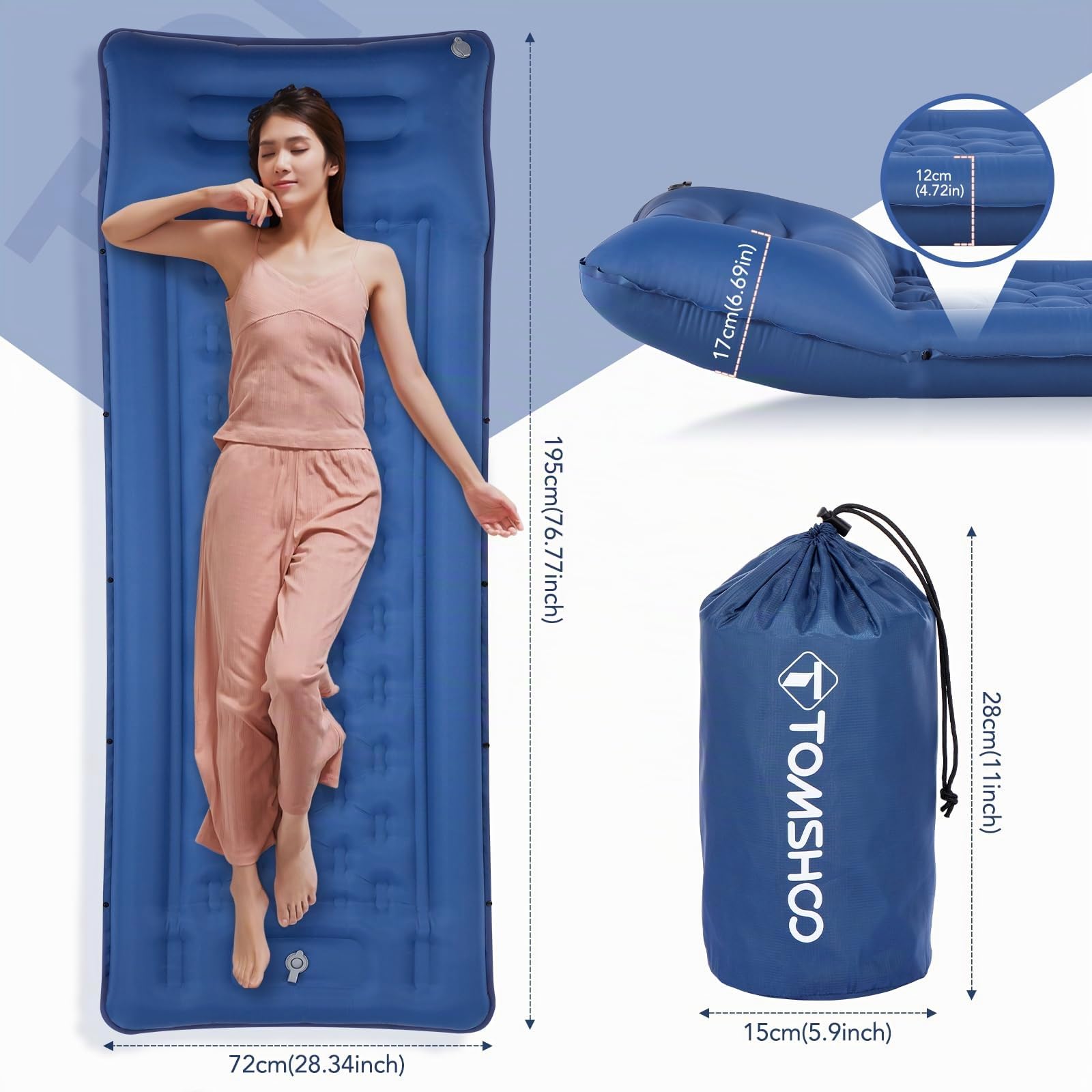 TOMSHOO Isomatte Camping Outdoor, Aufblasbare Luftmatratze Matratze mit Integrierten Fußpresse Pumpe, Kissen, Karabiners, Aufbewahrungstasche, Campingmatrazen Schlafmatte, Farbe Blau