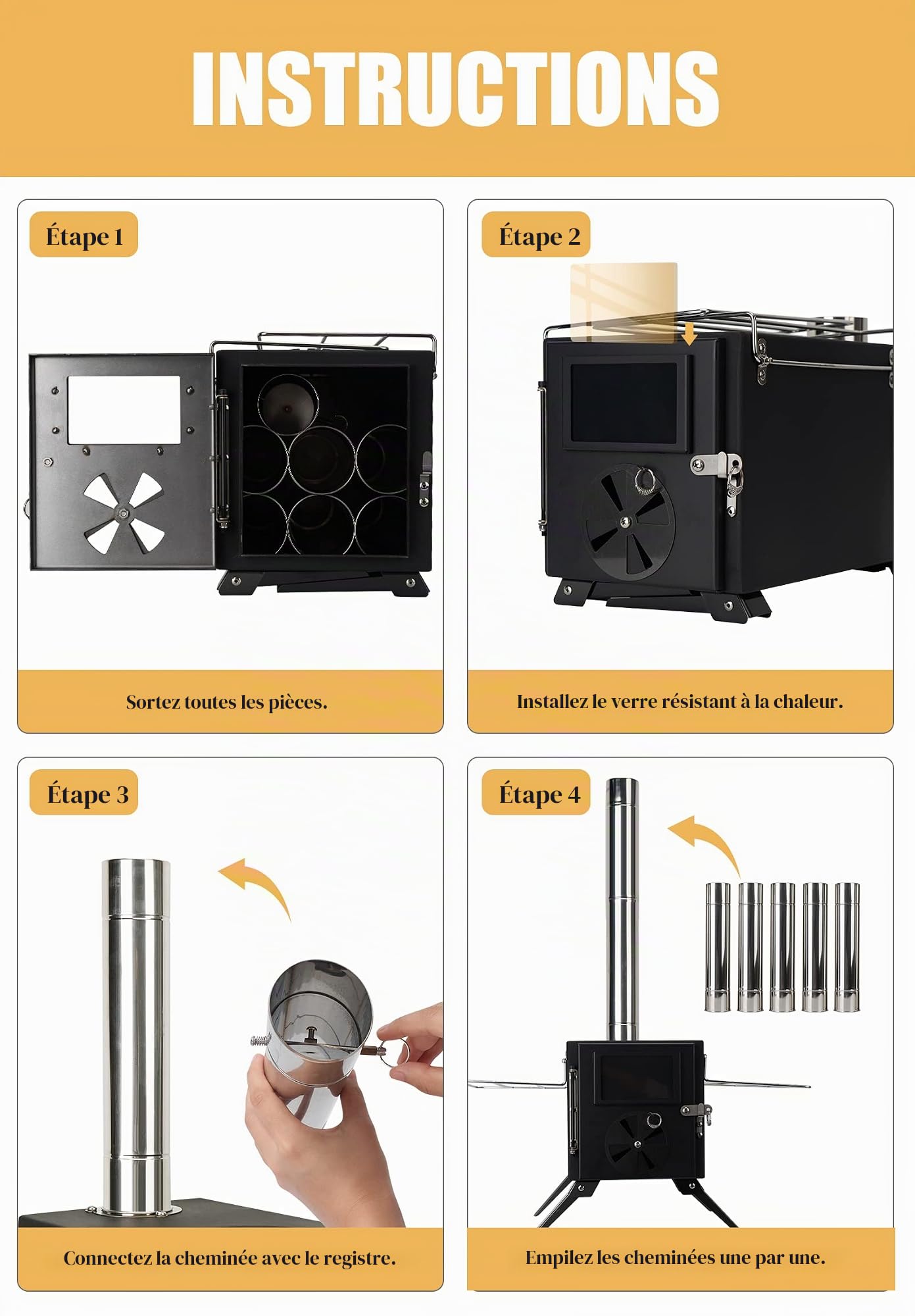 LAMA Poele a Bois Réchaud de camping, Mini Poele a Bois Poêle de camping Réchaud de Tente Portable, Poele de camping, poêle à bois tuyaux de cheminée réchaud portable d'extérieur (Noir)