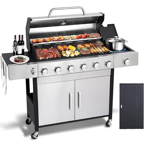 6 Burner Propane Gas Grill with Side Burner, Griddle Combo