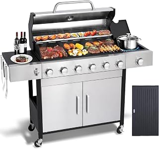 GRILL DEPOTS 6-Burner Propane Gas Grill with Side Burner, 620 Sq In Porcelain Enameled Cast Iron Grates, Cabinet Storage