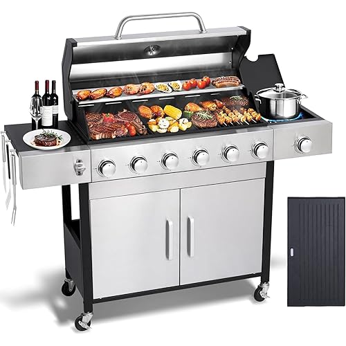 6 Burner Propane Gas Grill with Side Burner, Cast Iron Grates, Plate, Lid and Warming Rack, Large Cabinet Style BBQ Grill for Barbecue Grilling Backyard Cooking, 620 SQ. IN. Cooking Area