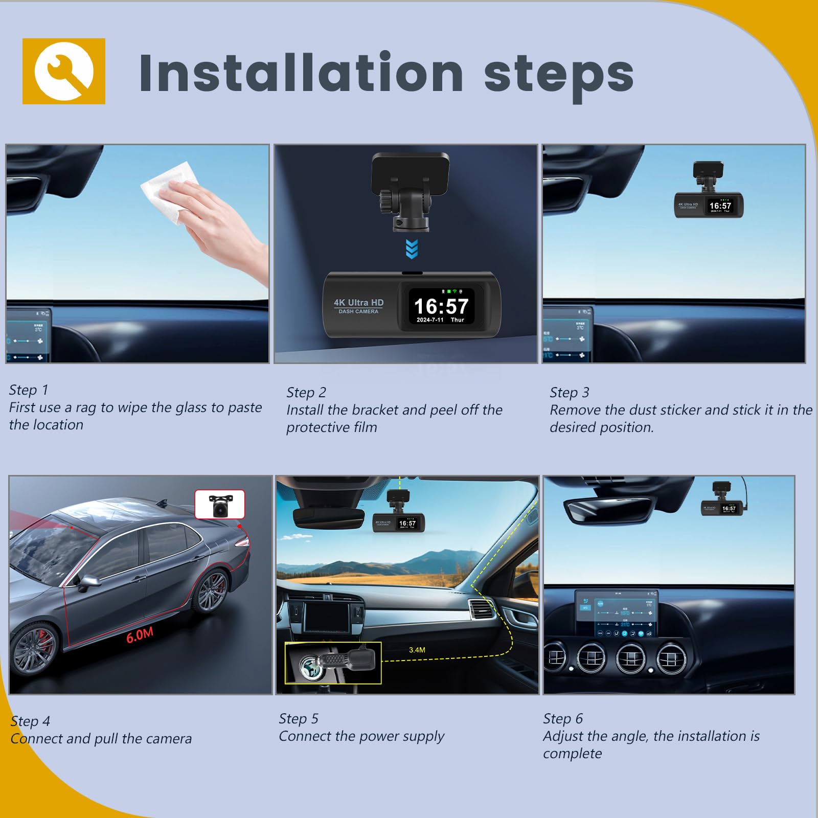 Dash Cam Wifi Visione Notturna Dash Cam 4K Anteriore E Posteriore Con ...