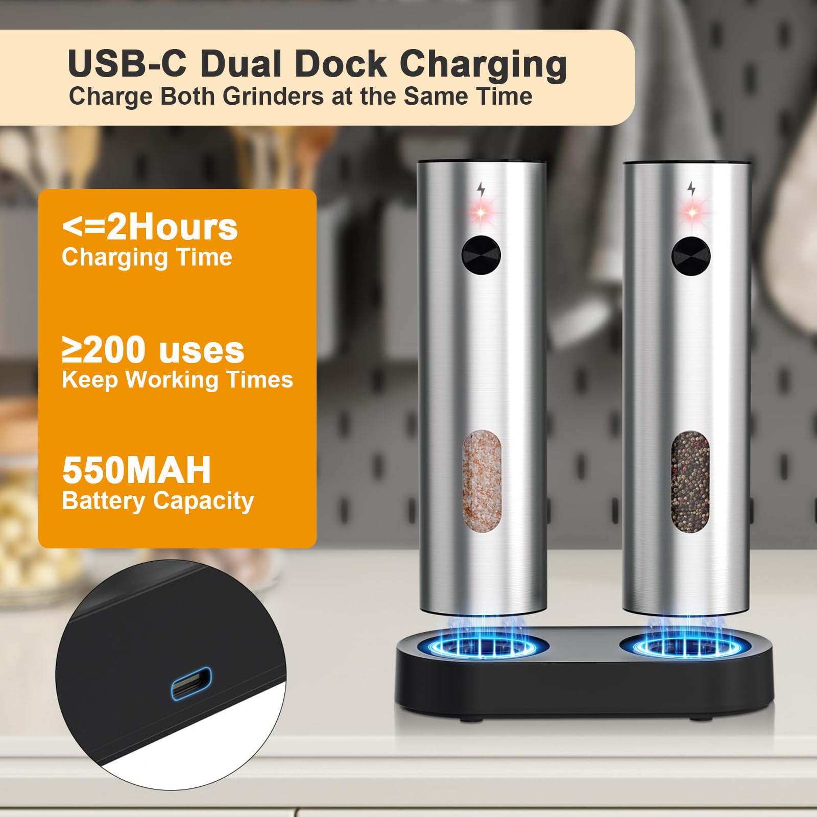 Moulin à Sel et Poivre Electrique, SINZONeu® Set en Acier Inoxydable avec Base de Charge USB-C, 5 Niveaux de Broyage, Capacité XL 110ml, Lumière LED pour Cuisine