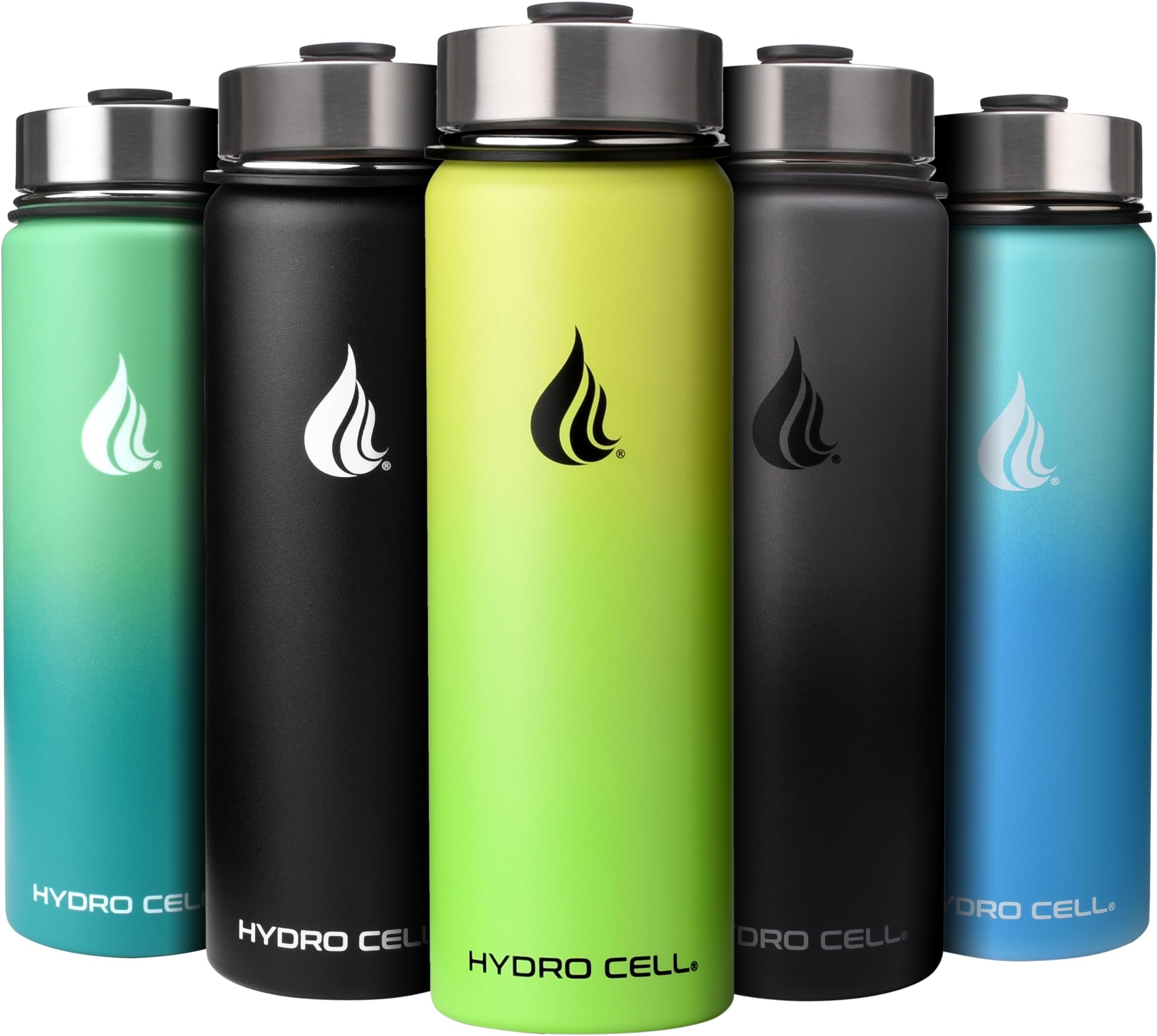HYDRO CELL Stainless Steel Water Bottle w/Straw & Wide Mouth Lids (40oz 32oz 24oz 18oz) - Keeps Liquids Hot or Cold with Double Wall Vacuum Insulated Sweat Proof Sport Design (Neon/Neon 24oz)