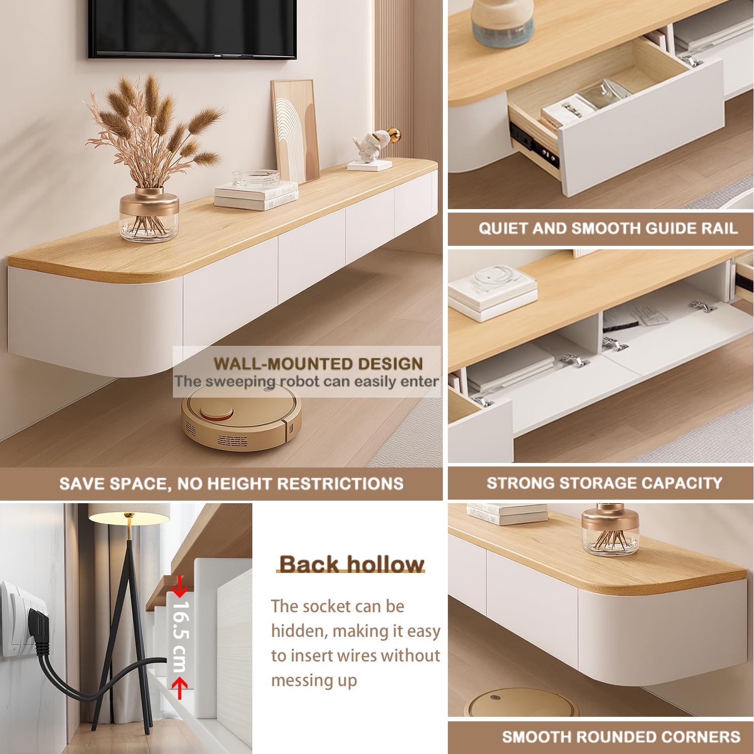 Meuble TV Suspendu Moderne | Console multimédia de Divertissement Murale | Grand Banc de Rangement pour TV pour Salon et Bureau (Blanc Bois, 160cm)