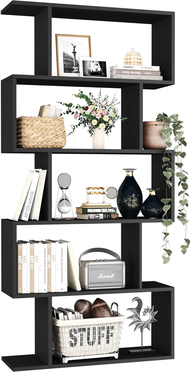 Yusong Bookshelf 5-Tier, Geometric Bookcase S Shaped Book Shelves for Bedroom, Modern Wood Decorative Display Shelf Book Case for Home Office, Black Black 5 Tier