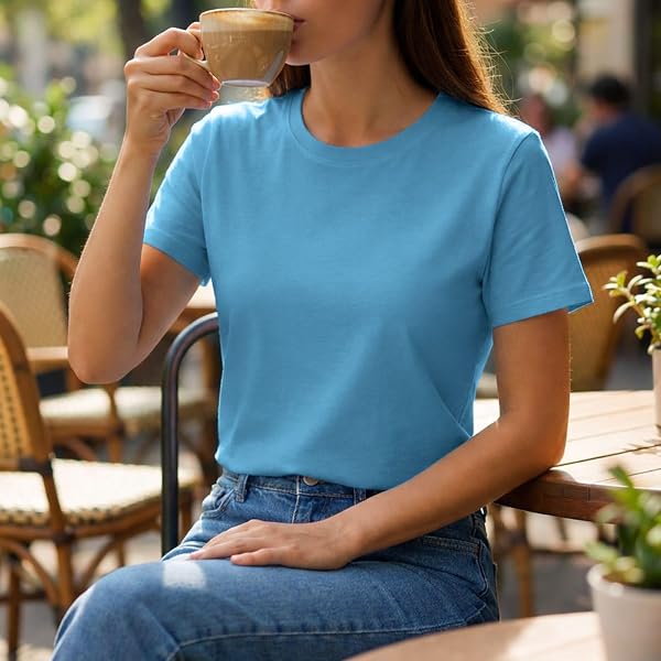 Lot de 2 t-shirts à col rond pour femme - Couleur unie - Doux - Décontracté - Respirant - Uni - Manches courtes - 2