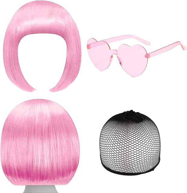 SKHAOVS Pink Wig and Party Sunglasses Pink Wig with Bangs Pink Bob Wig with Fringe, Wigs for Women, Pink Wigs for Bachelorette Neon Party Favors, Halloween Decorations (Pink)