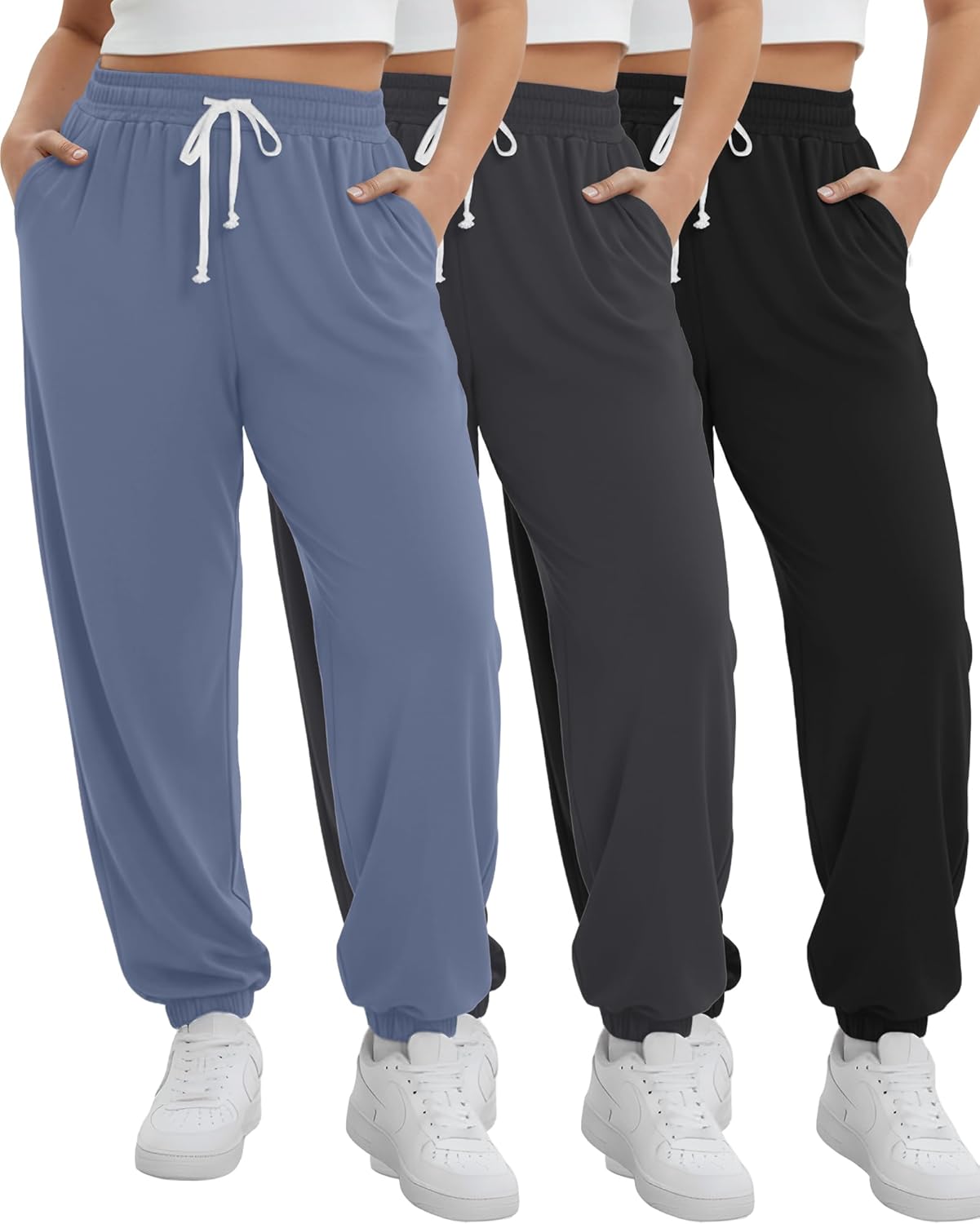 Neer 3 Pack Women's Plus Size Sweatpants Casual Loose Fit Drawstring Joggers Lightweight Athletic Lounge Pants with Pockets