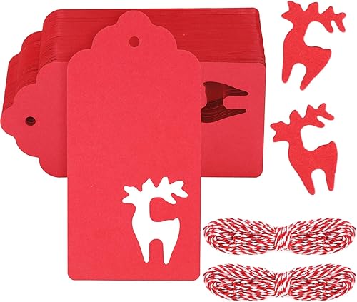 FirstKitchen Etiquetas de regalo de Navidad, 100 etiquetas de regalo rojas con cuerdas, 10.58 ozm de papel kraft grueso, etiquetas de Navidad con