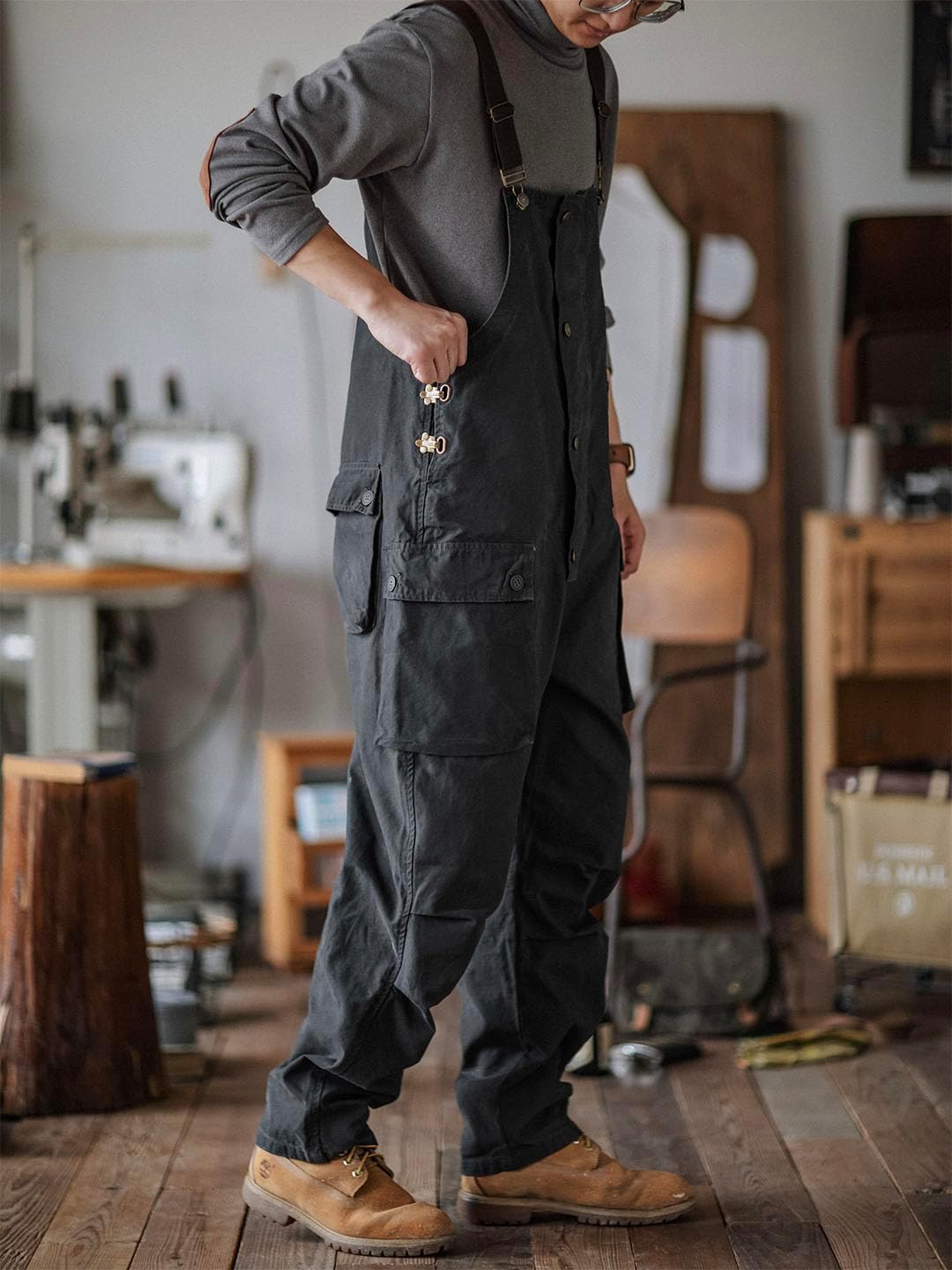 MADEPANTS Men's Canvas Overalls with Flap Pockets Button Front Dungarees Workwear