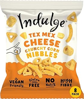 Indulge - Crunchy Corn Nibbles - Tex Mex Cheese Flavour - Gluten Free, Low Salt, Low Fat, Nut Free, Vegan - 20g x 8 bags (20g (Pack of 8), Tex Mex Cheese)