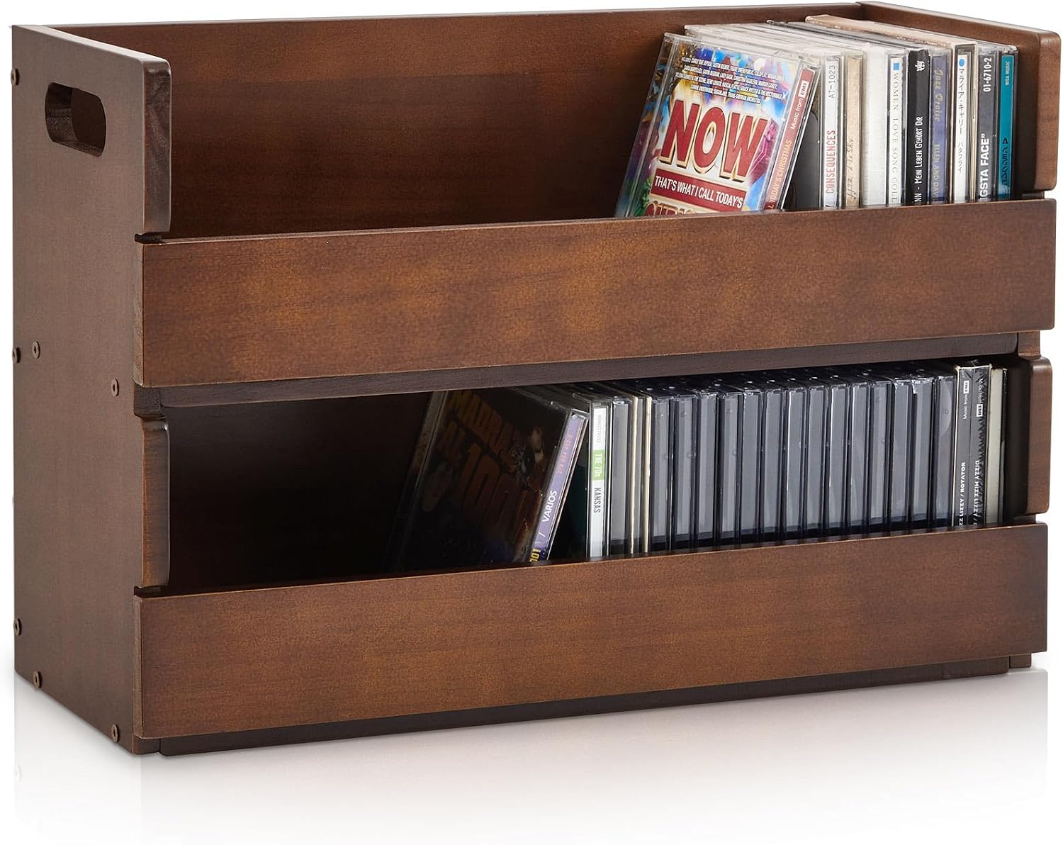 CroBlissful 2-Tier Wooden CD Storage Holder, Cutout Brown CD Display Shelf Rack with Carrying Handles, Decorative CDs Organizer for DVDs, Movie Cases and Cassette Tapes, Holds up to 72 CDs