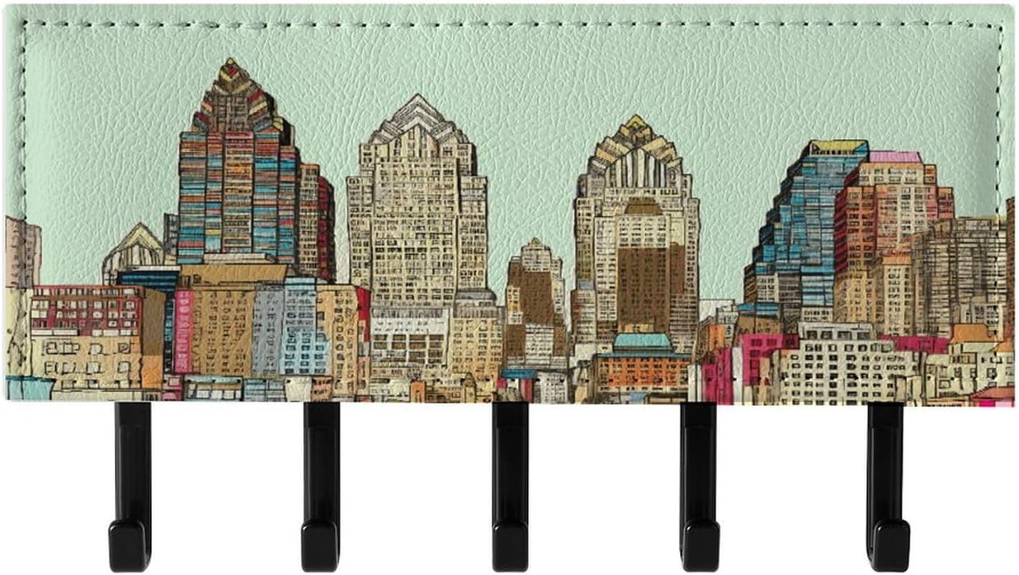PU Leather Key Holder Wall Mount Key Organizer, Decorative Adhesive Key Rack with 5 Key Hooks, Fashion Austin Texas Key Hanger Decor for Entryway Door Bathroom Kitchen Hallway