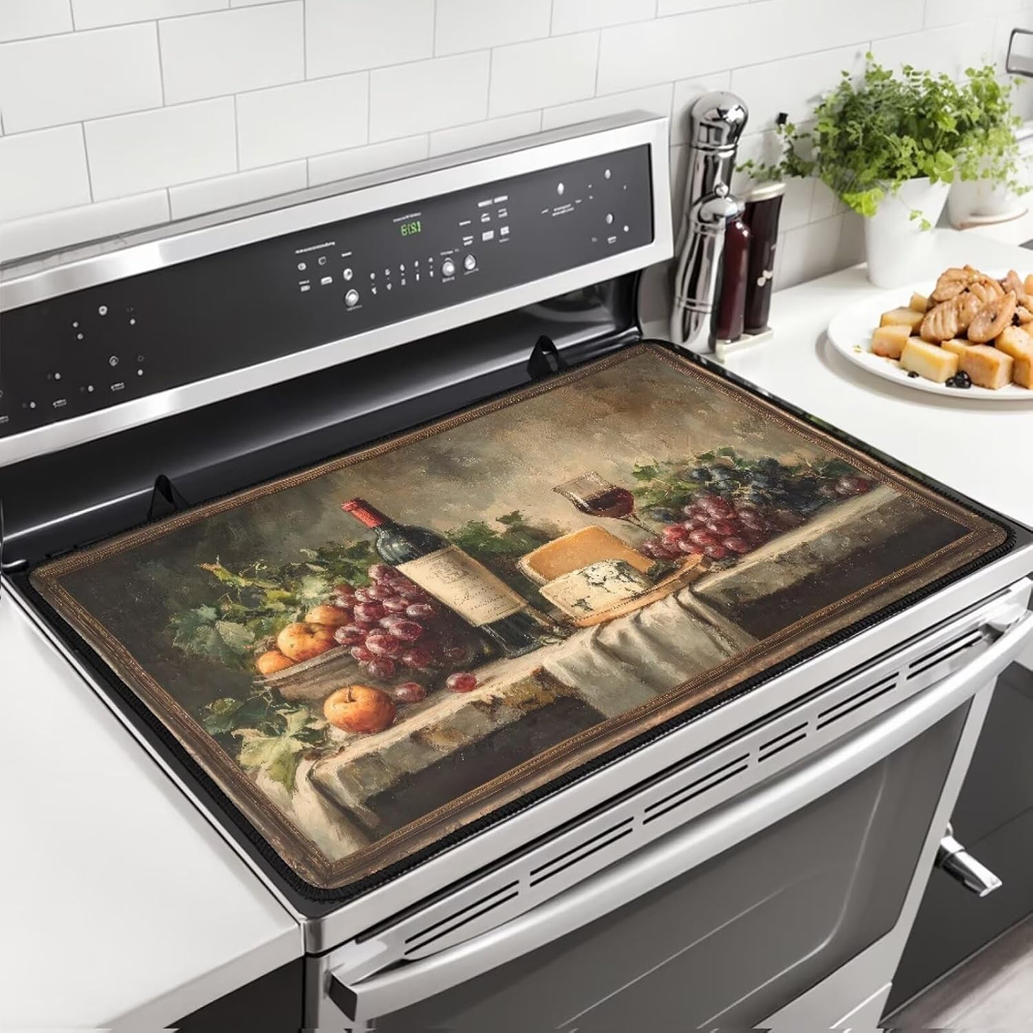 Burgundy Stove Top Covers for Electric Stove Red Floral Swirls Ivy Image Ombre Details Glass Top Gas Stove Pad Heat Resistant Range Cooktop Mat for Kitchen 28"x20"