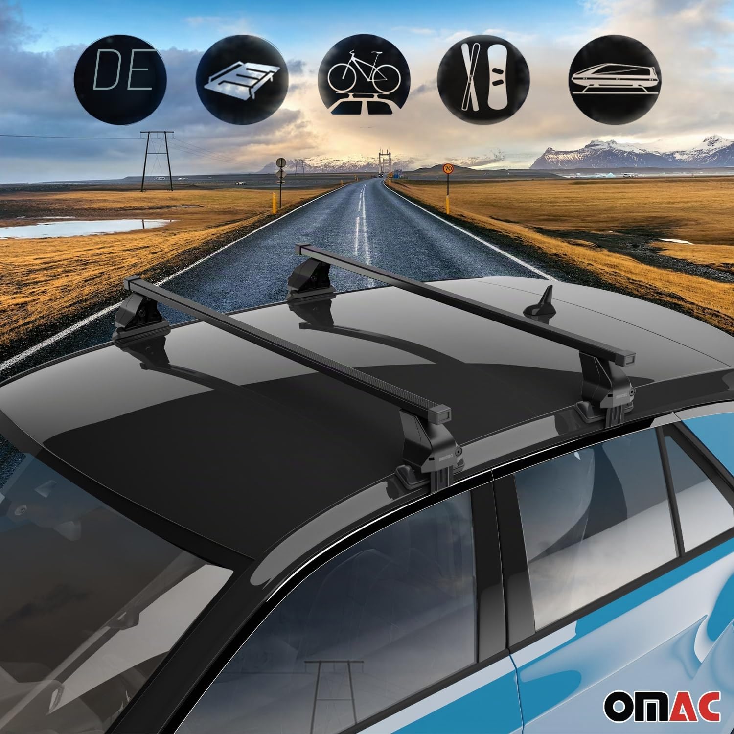 OMAC - Barras de techo transversales de acero para Ford Fiesta mk6 2009-2013 Pre-FL - Antirrobo Incluido - Probado City Crash - DIN 75302:2019 - ISO/Paso 11154:2006 - Carga máxima 50 kg Negro