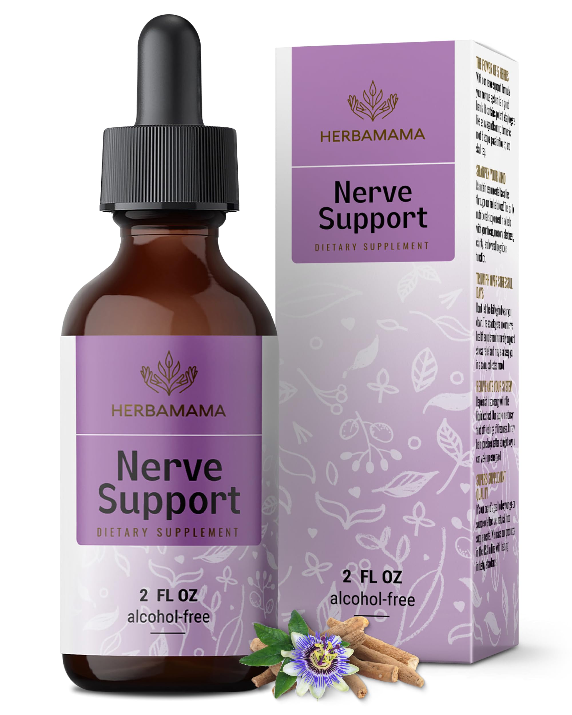 HERBAMAMANerve Support Supplement - Vegan Nerve Support Formula with Ashwagandha & Bacopa Monnieri for Brain - Non-GMO, Alcohol & Sugar-Free Daily Calming Drops for Adults, 28-Day Supply