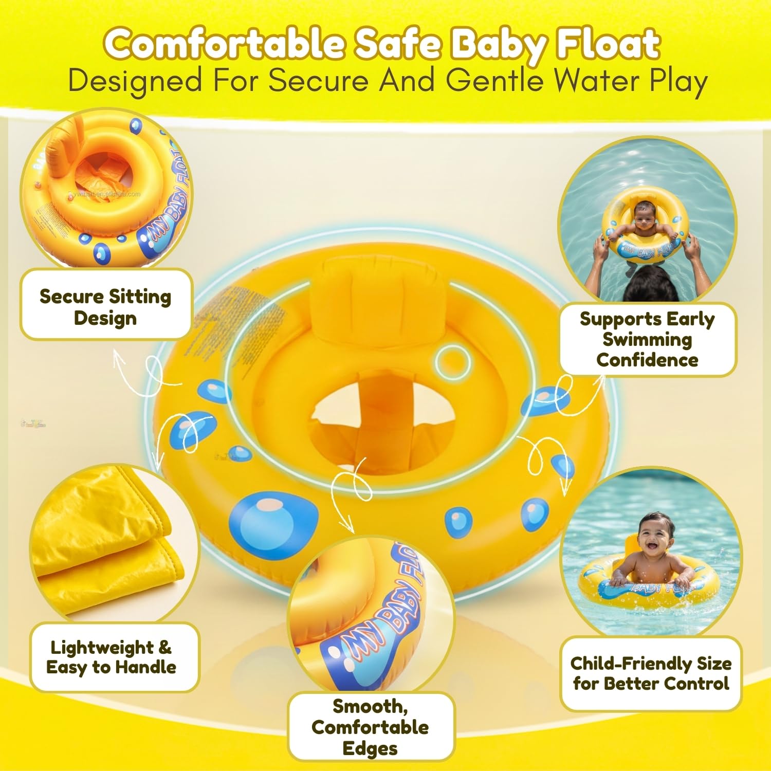 Toy Imagine 26.5"(67 cm) Inflatable Baby Swim Ring with Small Inner Ring Safe Swimming Tube for Kids Anti-Flip PVC Tube,Yellow Saddle-Seat with Leg Holes For Infants 6-24 Months,Baby Pool Swim Trainer 2