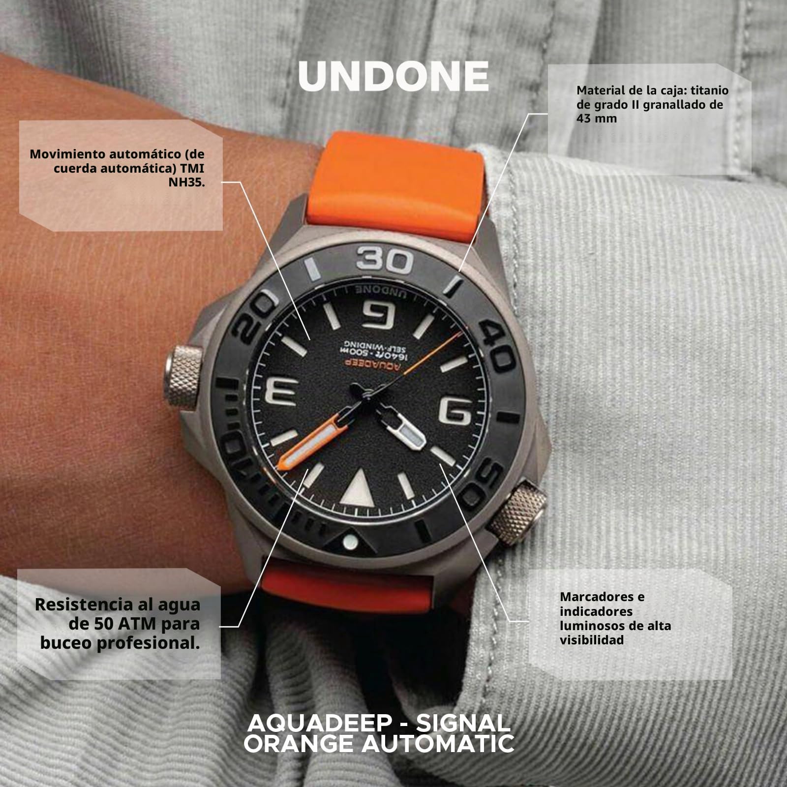 Undone Aquadeep - Reloj de Pulsera automático para Hombre, 43 mm, 500 m, Resistente al Agua, Correa de Goma, Titanio, 43mm, Reloj de Buceo