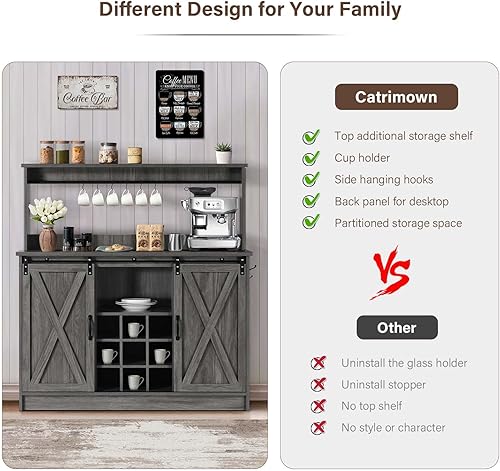 Miniatura 5 de Gabinete de barra de café de granja, barra de café de cocina de 47 pulgadas con 6 ganchos, estación de bar de café con 9 estantes de vino, gabinete