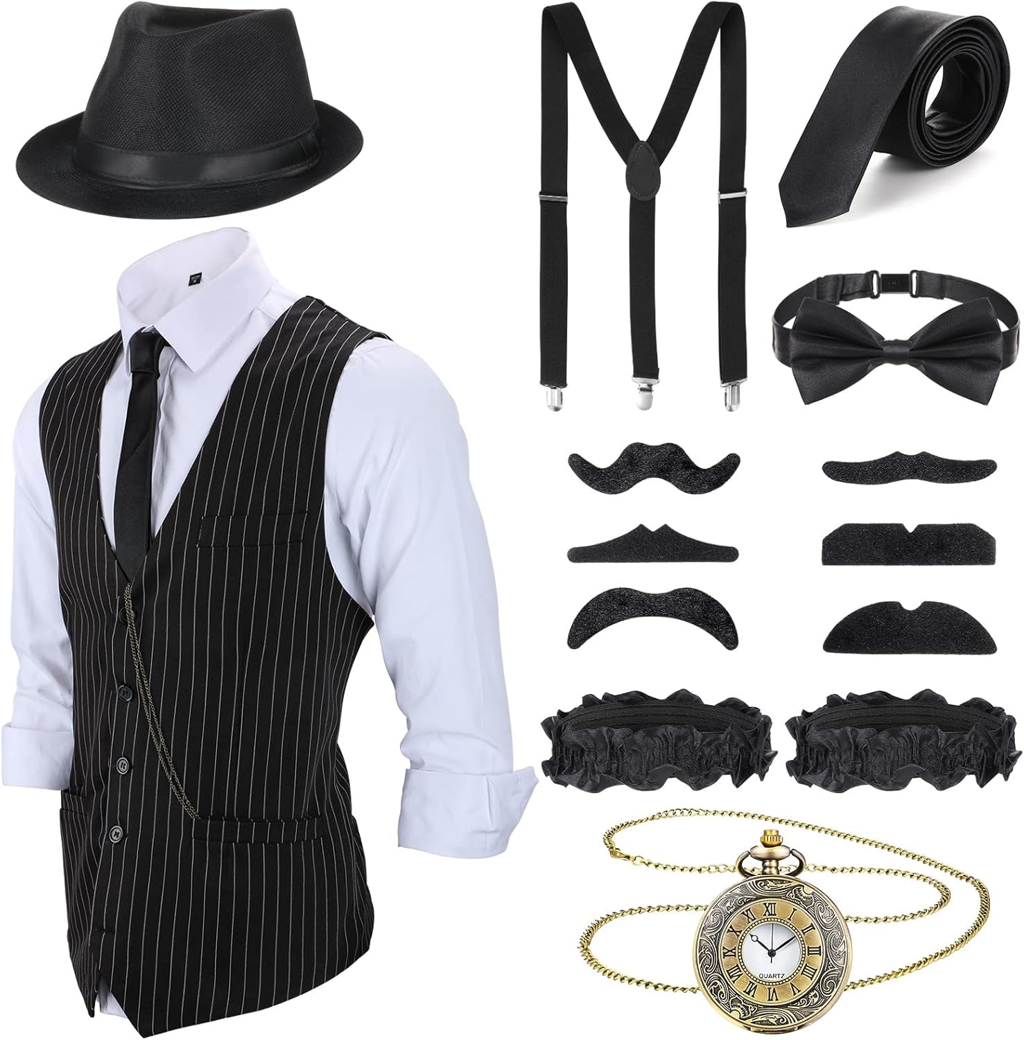 SATINIOR 1920s Mens Costume Roaring Outfit with Gangster Vest Hat Pocket Watch Suspenders for Halloween 2025