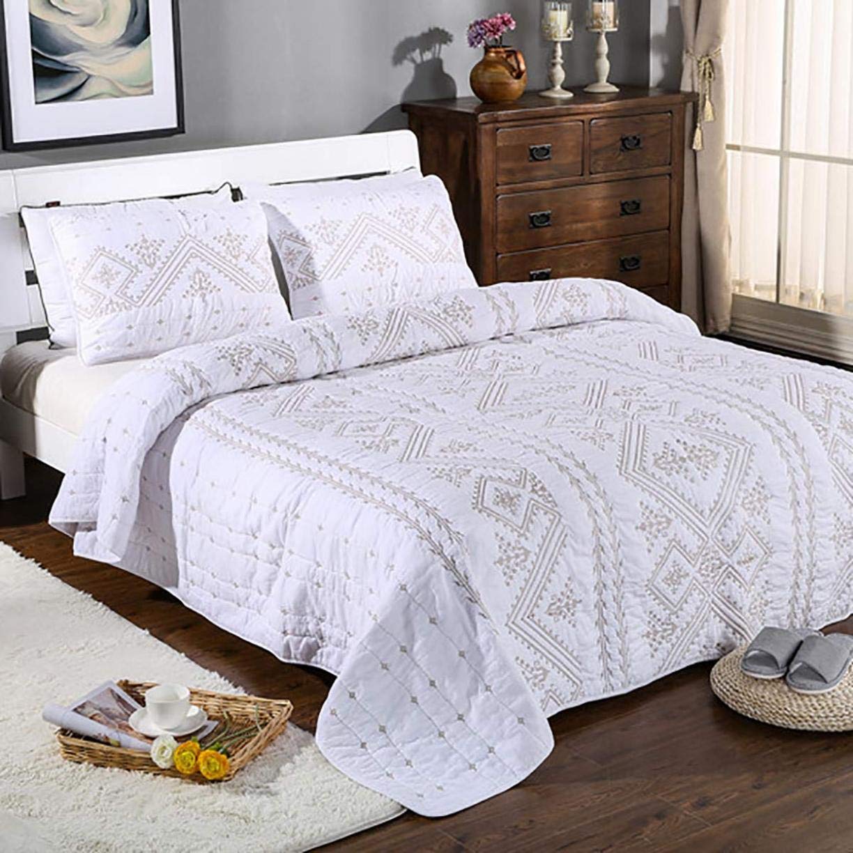 Sjdopulse White Simple Plain Embroidered Bedspread Cotton Bed Throw Quilted Quilt With 2 Pillowcases, 240 * 260Cm