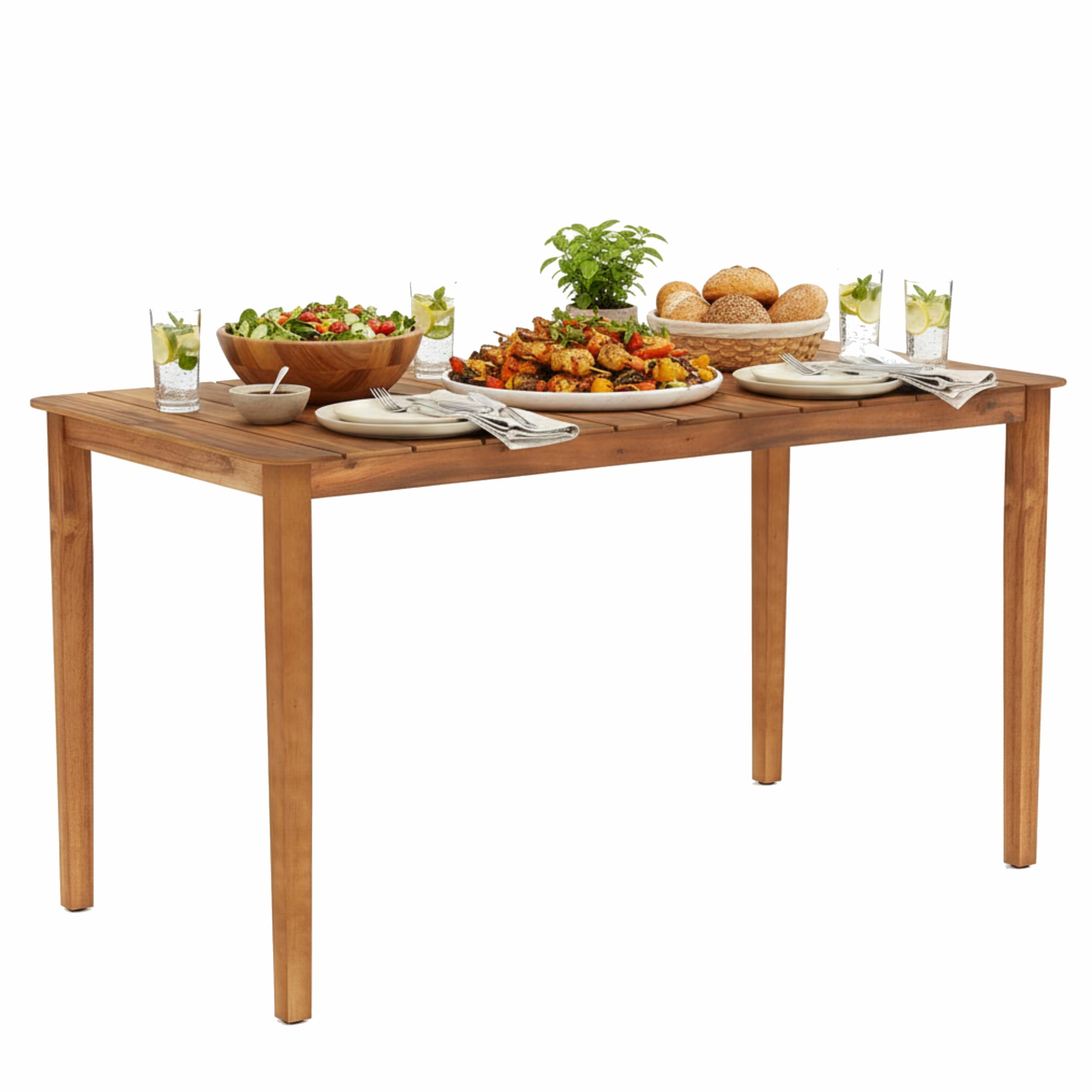 Tangkula Rectangular Outdoor Dining Table, 4-6 People Large Acacia Wood Patio Table with Slatted Tabletop, Indoor Outdoor Farmhouse Bistro Table for