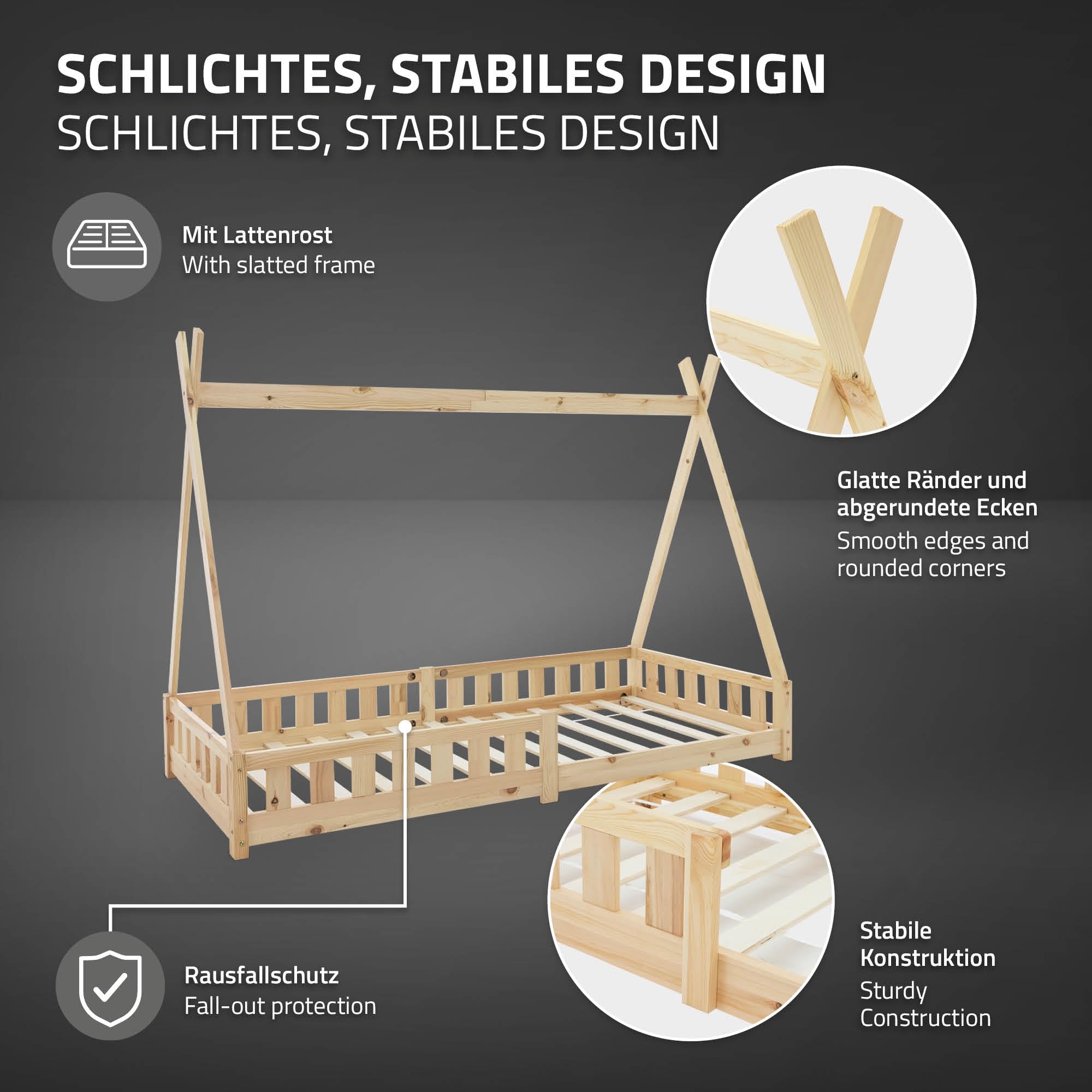 ML-Design Lit d'enfants Tipi 90x200 cm Naturel avec Protection Antichutes et Sommier à Lattes, Bois de Pin, Style Indien pour Filles/Garçons, d'Intérieur avec Clôture, Maison d'enfant Tente de Jeu