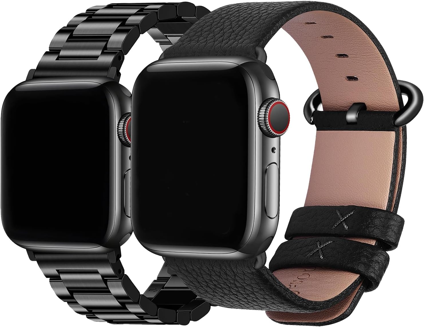 Fullmosa Compatible Stainless Steel Apple Watch Band Ultra/Ultra2 49mm Black with Case & Compatible Leather Apple Watch Band Ultra/Ultra2 49mm,Black