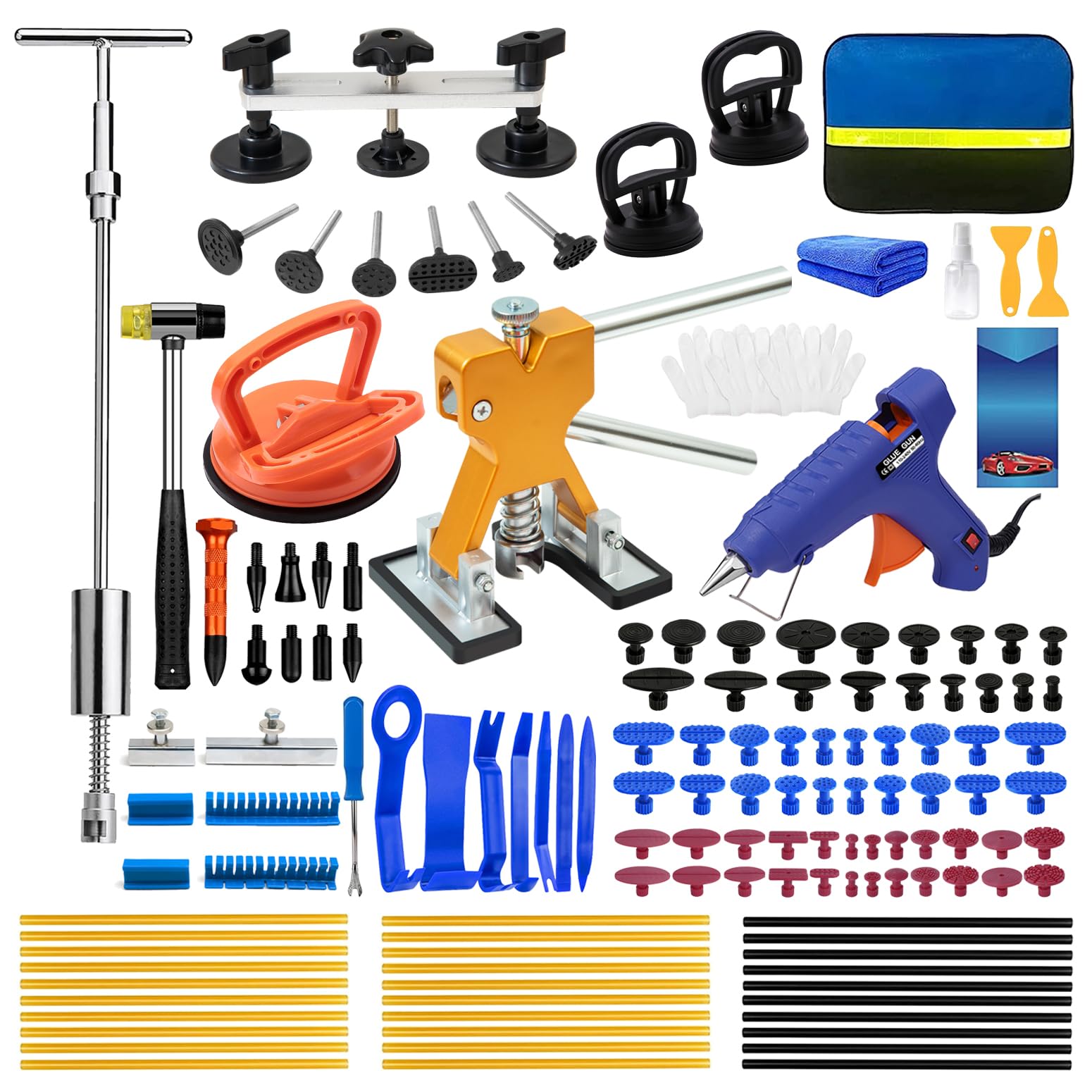138PCS Dent Puller Kit, Paintless Dent Repair Kit for Cars, Professional PDR Dent Removal Tool Set for Hail Damage &amp; Door Dings, Auto Body Dent Puller Kit with T-Bar, Bridge Puller &amp; Gold Lifter