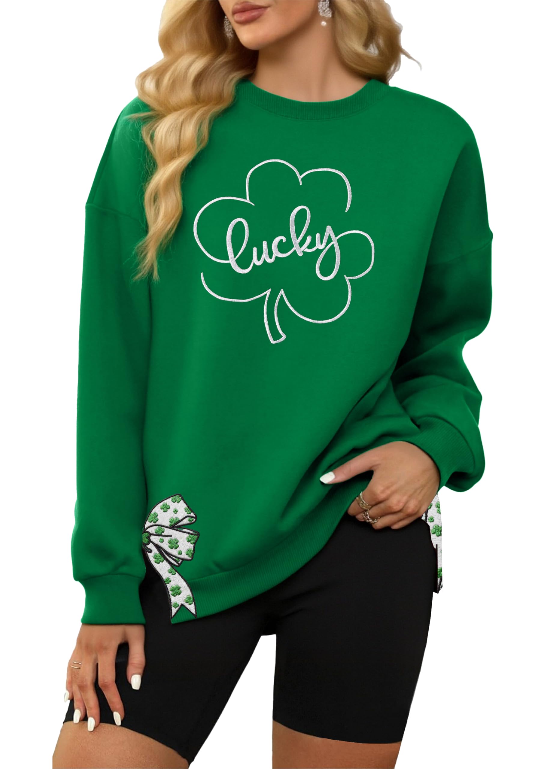 St Patricks Day Sweatshirt Women Lucky Shamrock Shirt Embroidered Irish Clover Long Sleeve Casual Pullover Top-image-29