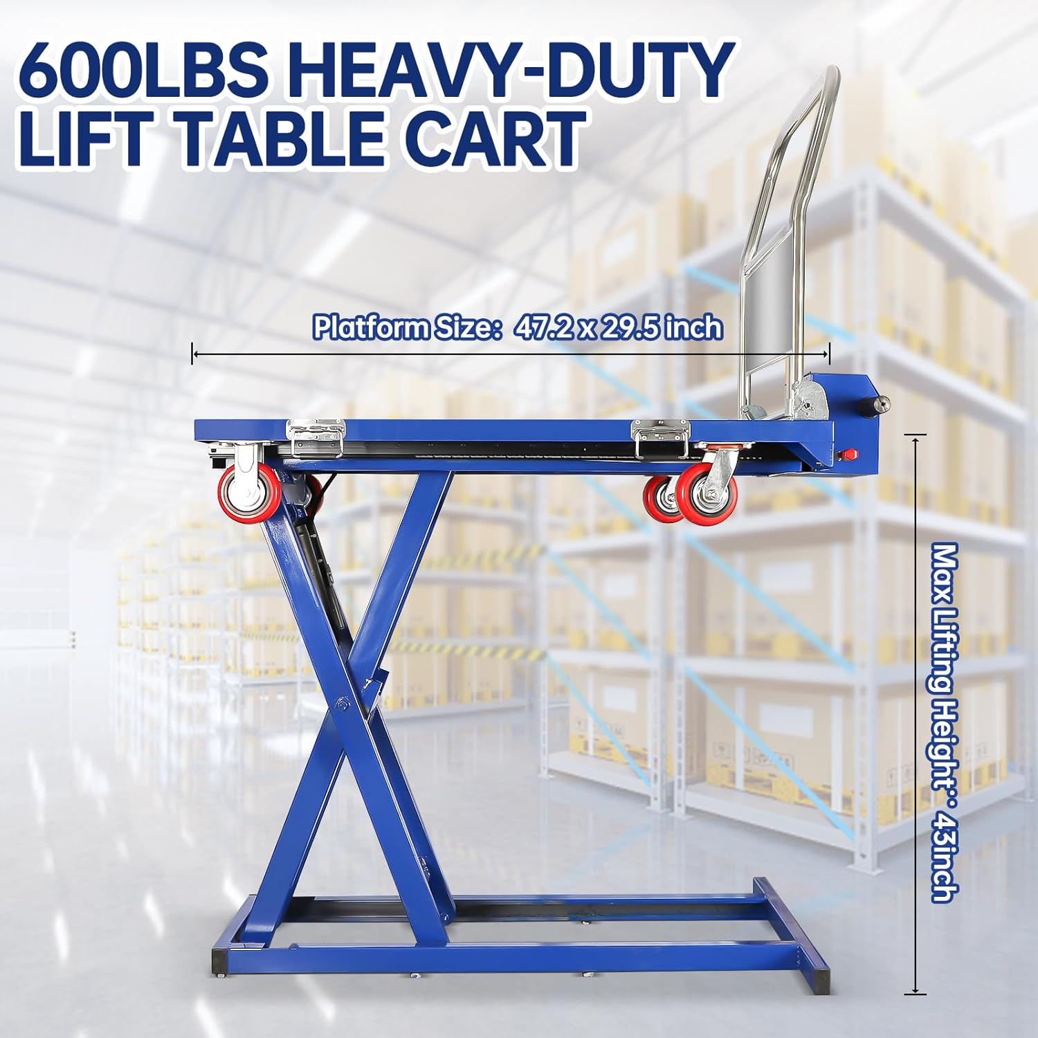Electric Lifting Platform Truck, Material Lift Pallet Truck, 600lbs Capacity 43" Lifting Height Lift Table Cart, Scissor Cart for Material Handling, Effortlessly Enter and Out