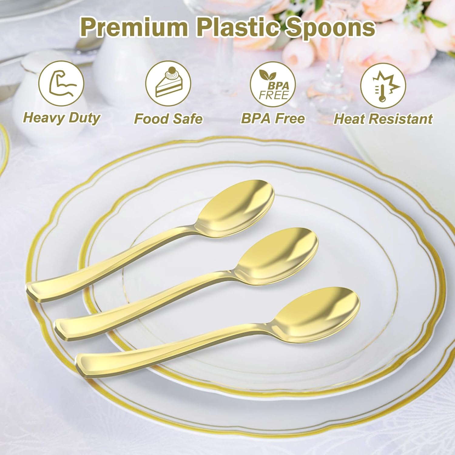 100 Count Heavy Duty Gold Plastic Spoons Disposable, BPA-Free, Heat Resistant, Solid and Durable Premium Plastic Disposable Spoons for Party Supply - Image 3