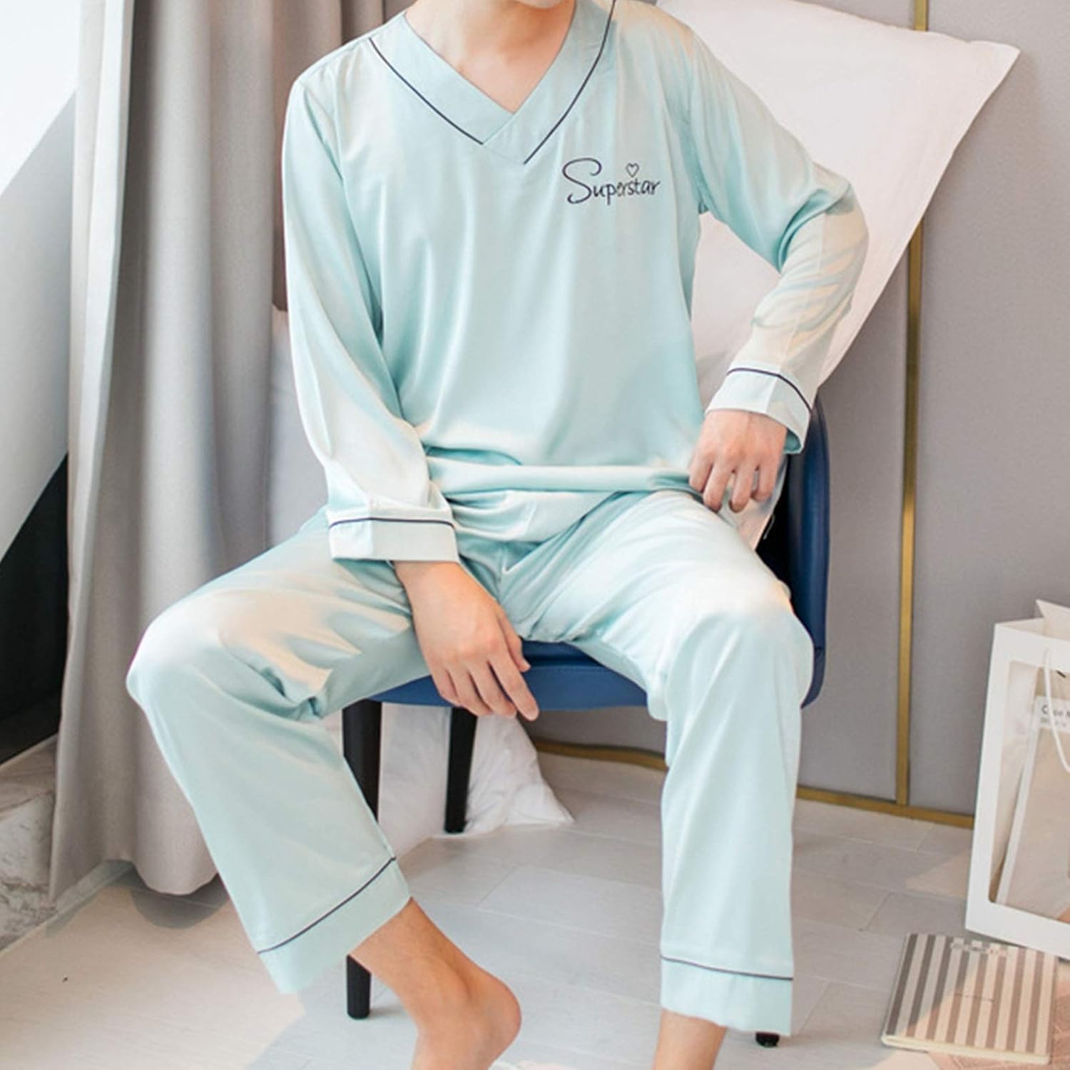 男性の秋と冬のパジャマ メンズストライプパジャマスツーピーススーツパジャマメンズロングスリーブシルクサテンパジャマ 色 緑 Size L ハイクオリティ