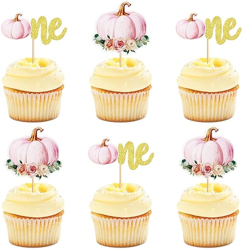 Paquete de 24 decoraciones de calabaza para cupcakes para niñas, decoraciones de cumpleaños de calabaza, selecciones de cupcakes, decoración de