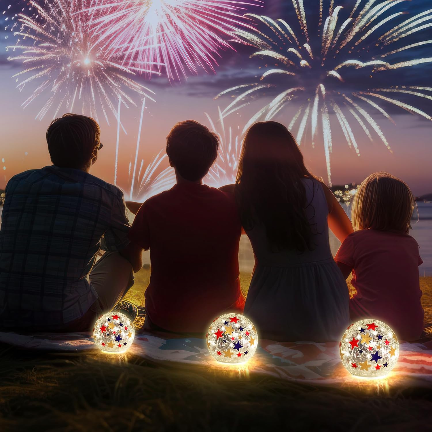 3 Pcs 4th of July Decorative Lights, 3.94/4.72/5.91 Inch Crackle Glass Star LED Globe Lights, Battery Operated Patriotic Lamp for Party Outdoor Garden Patio Indoor Independence Day Gifts