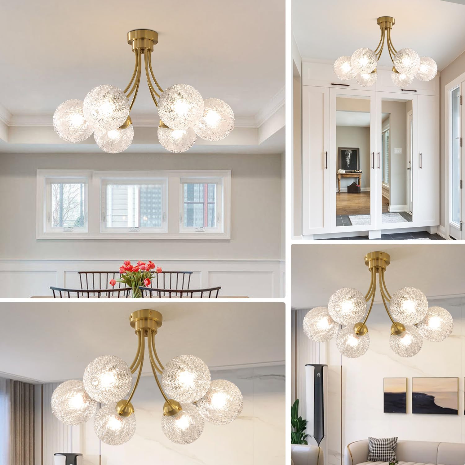 Mid Century Modern Brass Semi Flush Mount Ceiling Light 6-Light Gold Sputnik Ceiling Light Fixture Vintage Clear Glass Globe Hallway Light Close to Ceiling Chandelier for Dining Room MCL27-6