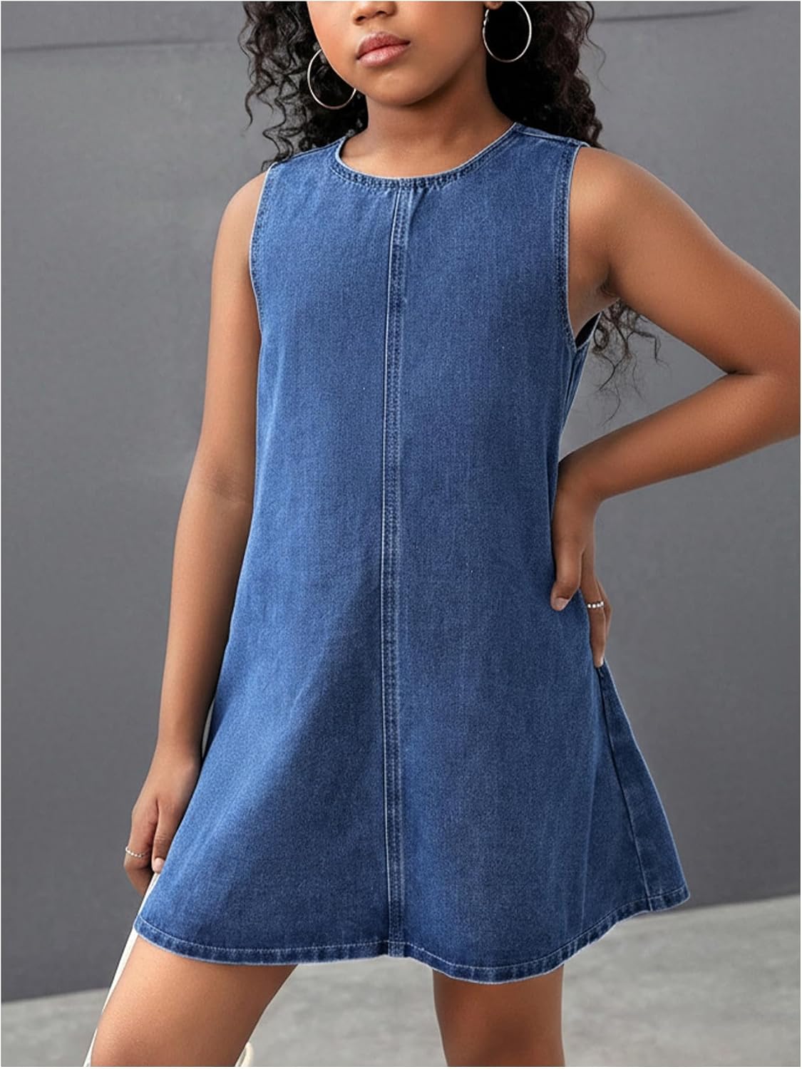 OYOANGLE Girl's Cute Bow Tie Short Denim Dress Crewneck Sleeveless Flared A Line Dress